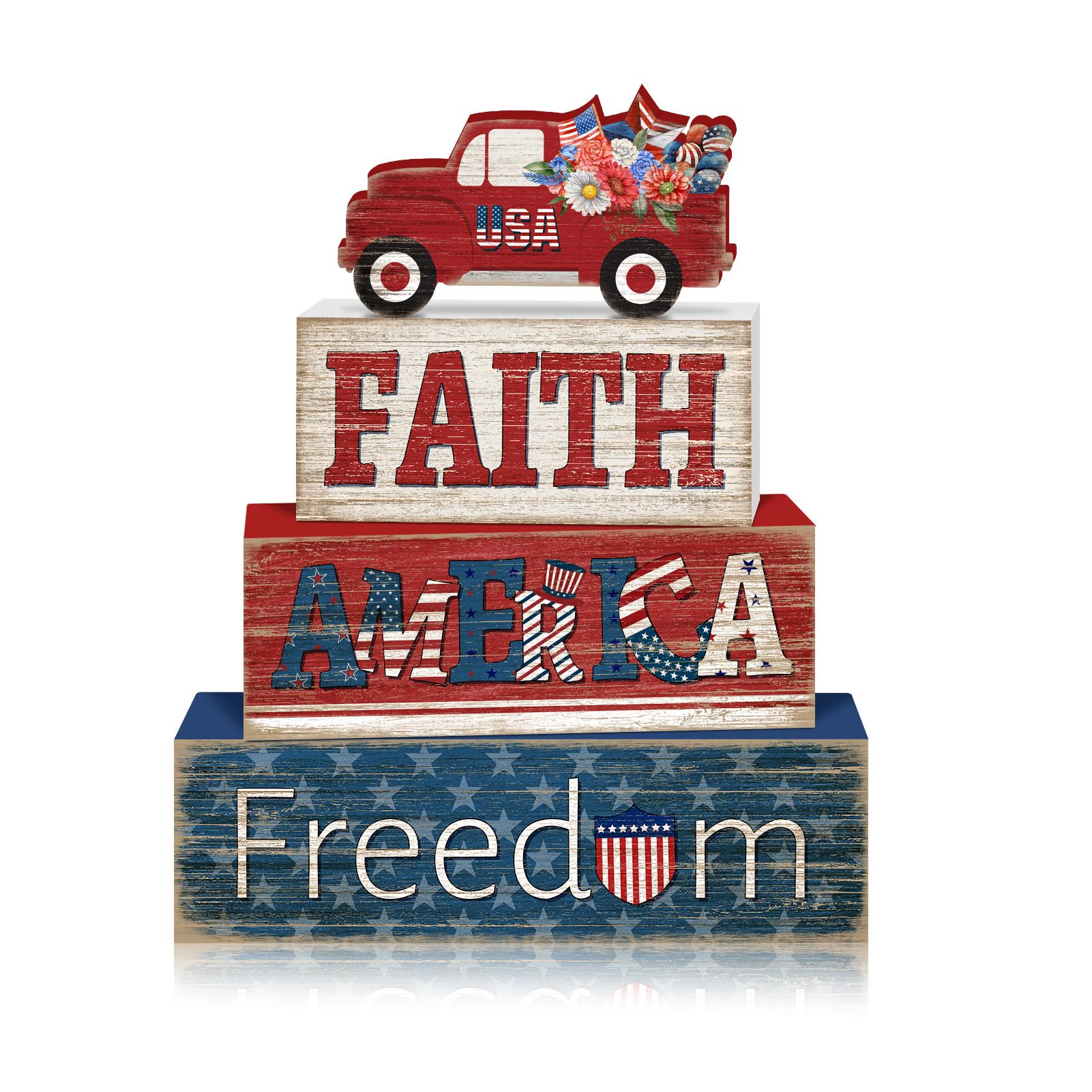 Britimes 4 Pcs Memorial Day Decor Patriotic Tiered Tray Decorations Set, 4th of July Table Sign Farmhouse Red White Blue Rustic Wooden Block Stack Sign for Home Fireplace Mantel (Independence Day Car)