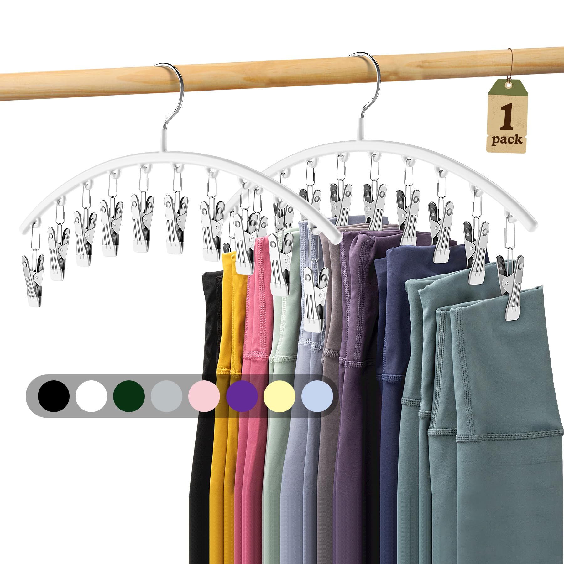 Legging Organizer for Closet, Metal Yoga Pants Hanger w/Rubber Coated 1 Pack w/10 Clips Hold 10 Leggings, Hangers Space Saving Hanging Closet Organizer for Closet Organizers and Storage-White