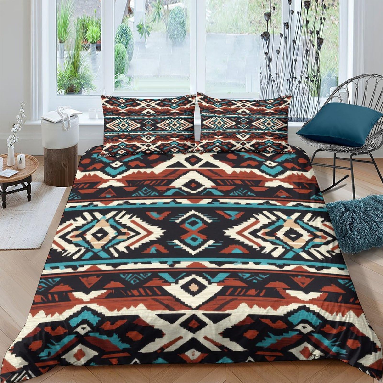 GPLZQXKJNH 3D Printed Aztec Geometric Duvet Cover Set Microfiber Breathable Soft Ethnic Tribal Bedding Set with 2 Pillowcases for Bedroom Home Decor Single（135x200cm）