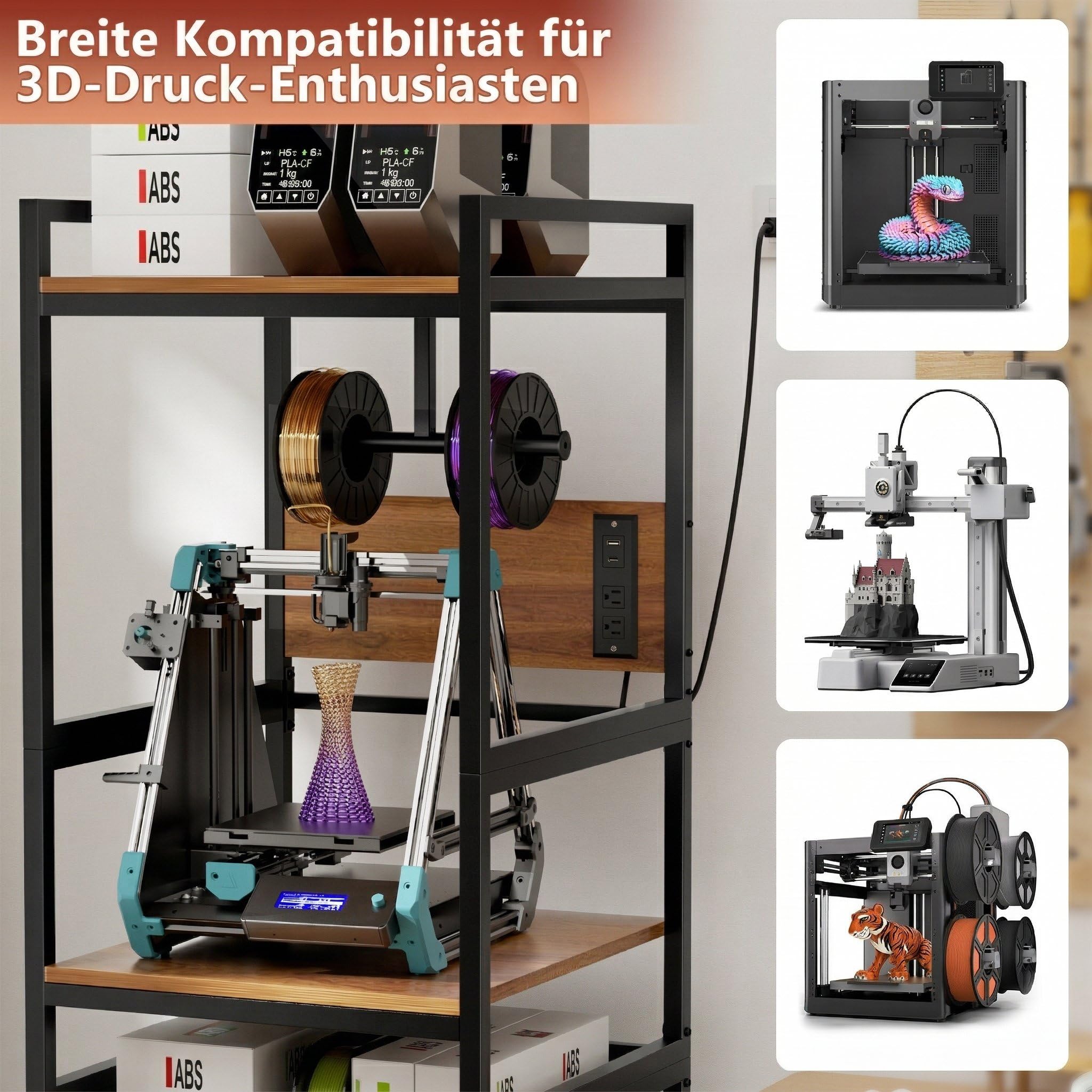 Taikonaut 3D-Druckerständer, 3D-Drucker Regal, Filamentaufbewahrung, Metallrahmen, T-förmiger Filamenthalter, Stromanschlussbereich, offene Druckerarbeitsstation für Zuhause und Werkstatt