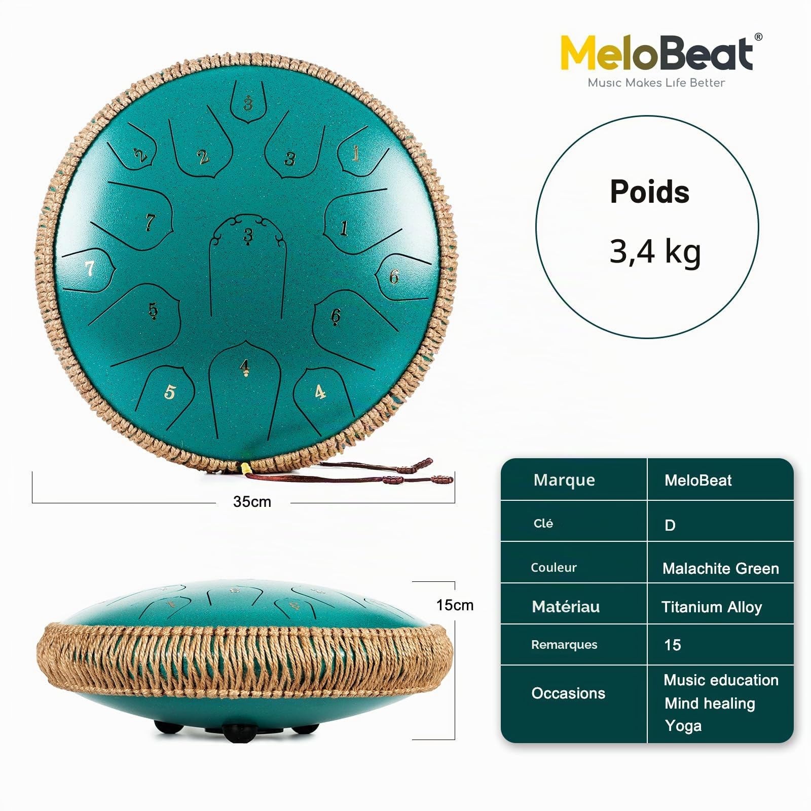 MeloBeat Tongue Drum Handpan - Tambour à Langue 14 Pouces 15 Notes - Ensemble Professionnel de Tambour a Langue en Acier en Ré Majeur Inclus Livre de Chansons de Tambour à Langue, D key (Vert)