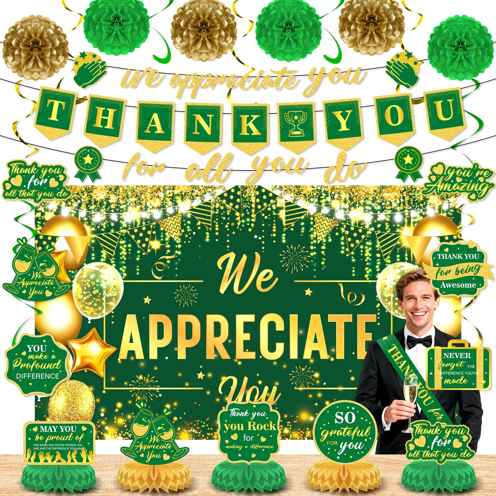 We Appreciate You Party Decorations Green Gold Thank You for All You Do Banner Honeycomb Centerpieces Hanging Swirls for Office Employee Pastor Teacher Doctor Labor Day Boss Appreciation Party Decor