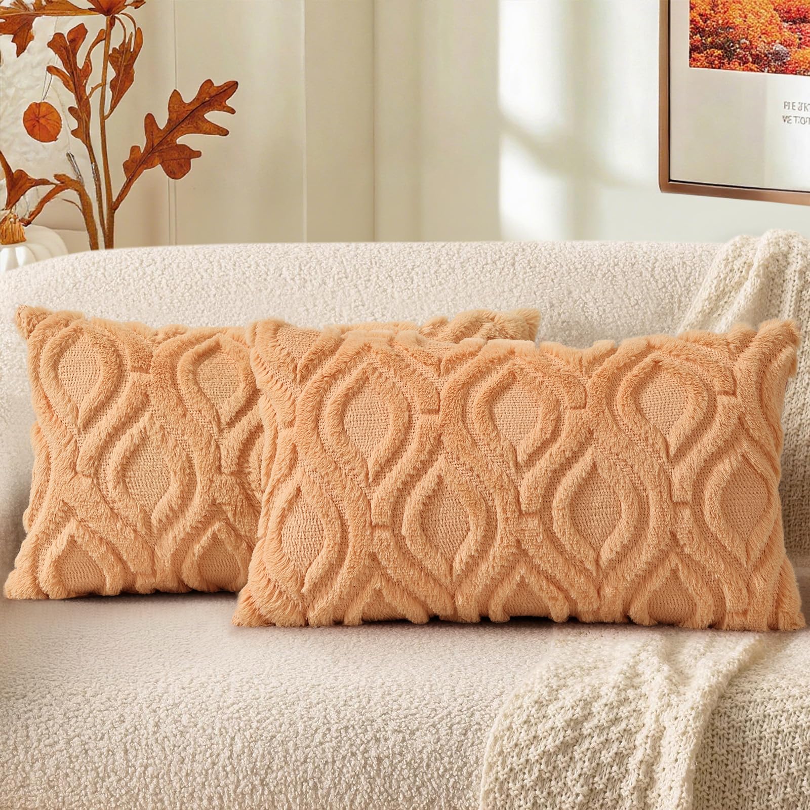 decorUhome Faux Fur Plush Light Orange Throw Pillow Covers 12x20 Set of 2