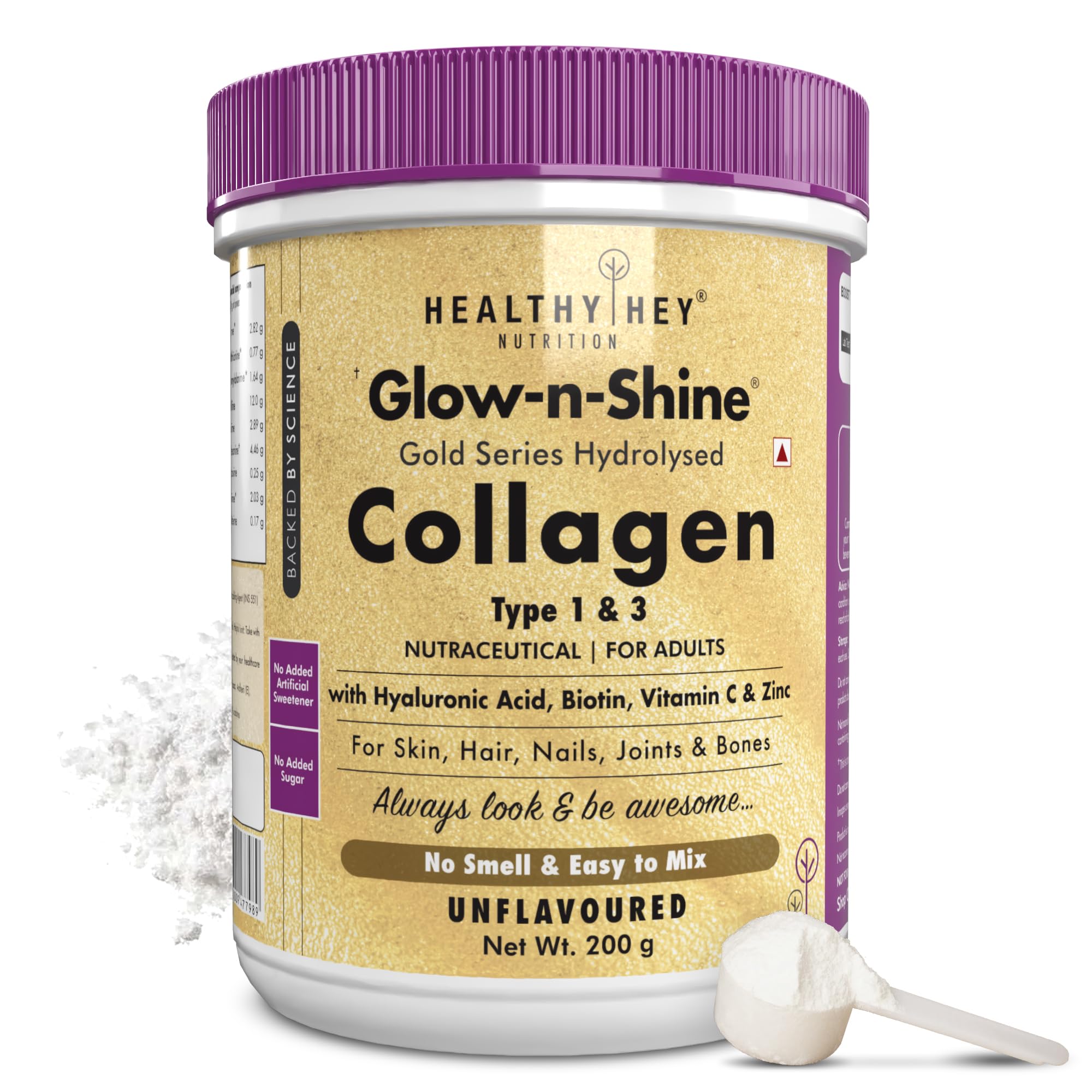 HealthyHey Skin Glow-n-Shine® Collagen Powder 200g | Hydrolysed Collagen for Women and Men with Hyaluronic Acid, Biotin and Vitamin C for Healthy Skin, Hair and Nails - (Unflavoured, 200gm)