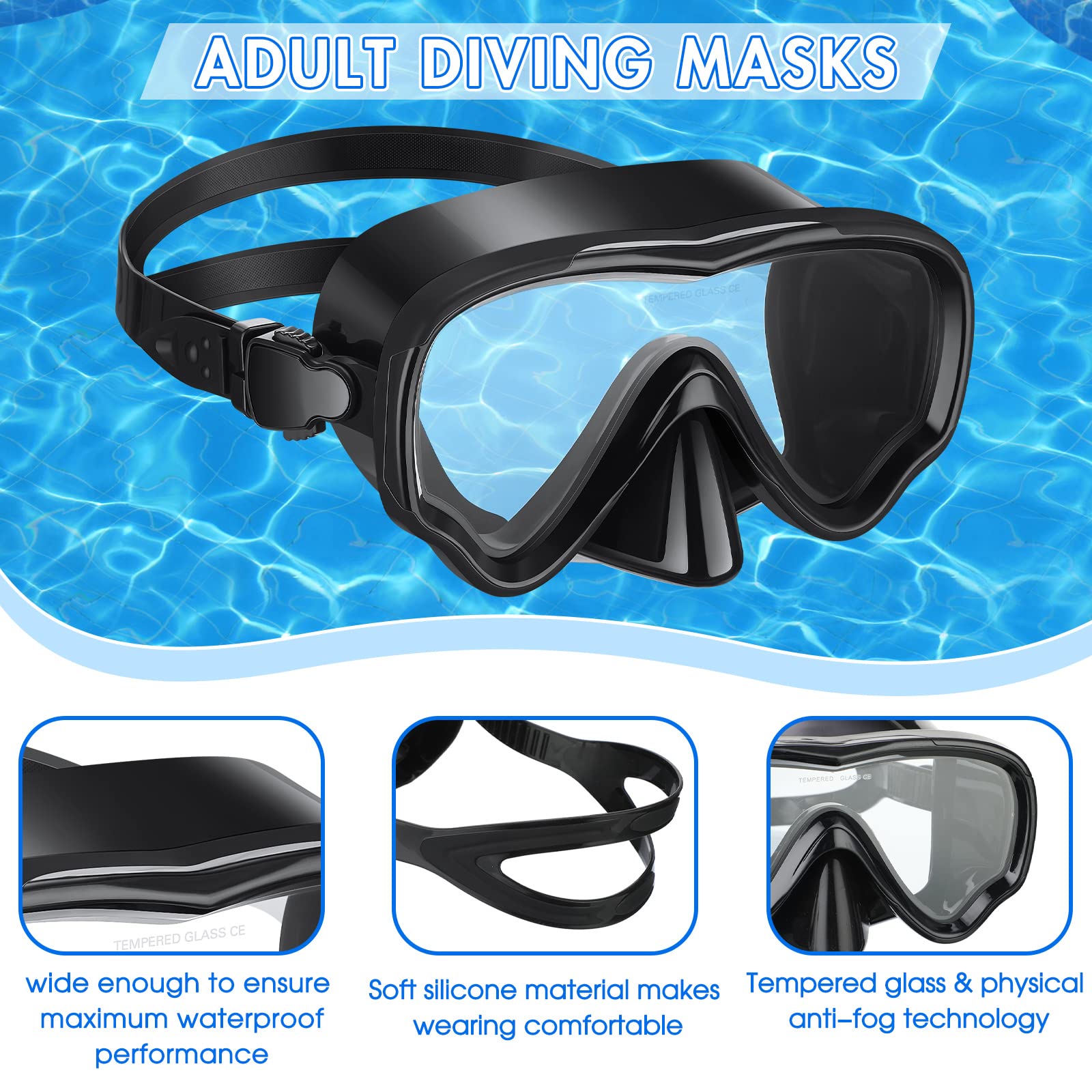 Sherr Confezione da 6 mascherine da nuoto per adulti, con copertura per il naso, anti appannamento, con lente in vetro temperato, maschera da snorkeling per uomini e donne, giovani e adulti