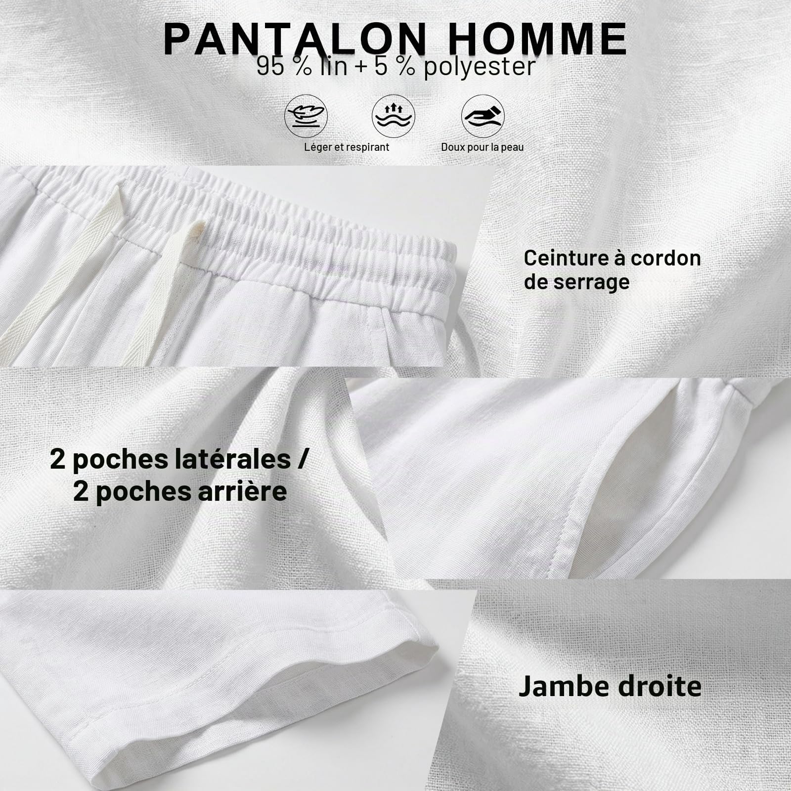 Pantalon Lin Homme Été Léger Casual avec Cordon de Serrage | Pantalons de Plage Yoga Pantalons Décontracté Coupe Droite Taille Elastique pour Les Vacances à La Plage