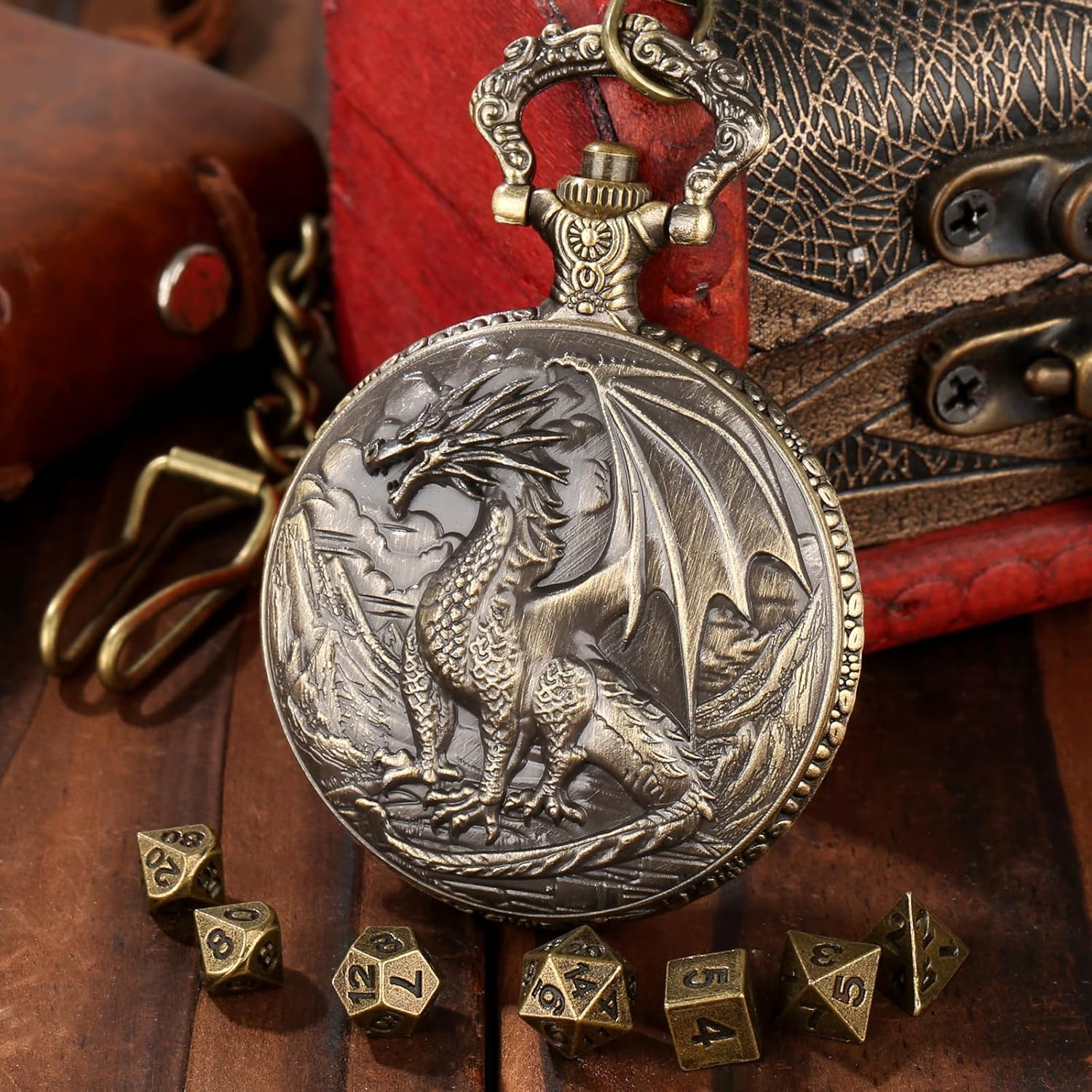 Mini DND Dice Set with Steampunk Dragon Pocket Watch Shell Case, 7pcs Polyhedral Metal DND Dice Set, DND Starter Set, D&D Gifts with Dragon Logo Gift Bag, Role Playing Board Games Accessories, Bronze