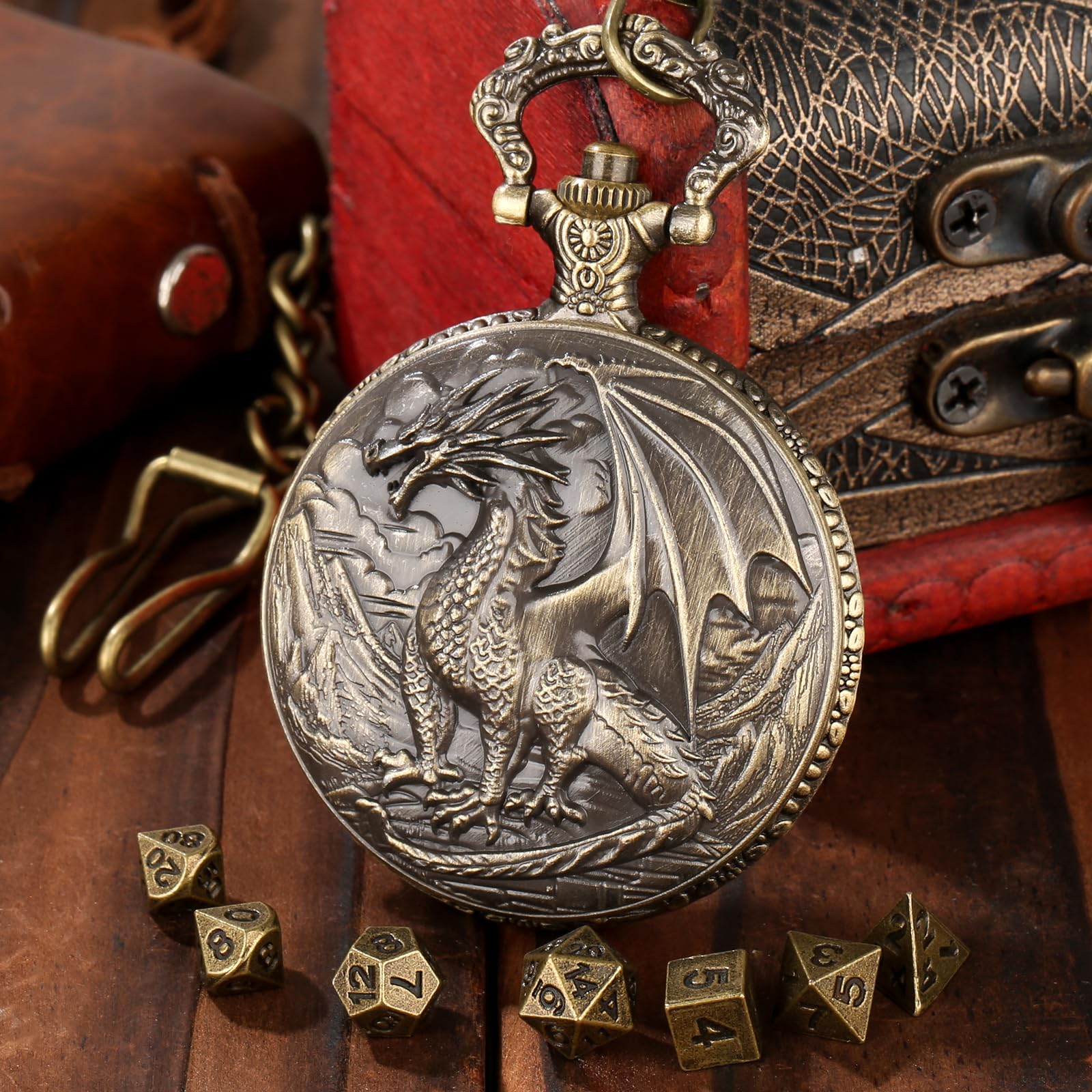 DND NURD Mini DND Dice Set including Steampunk Dragon Pocket Watch Shell Case, 7pcs Polyhedral Metal D&D Dice, Bronze - Image 2