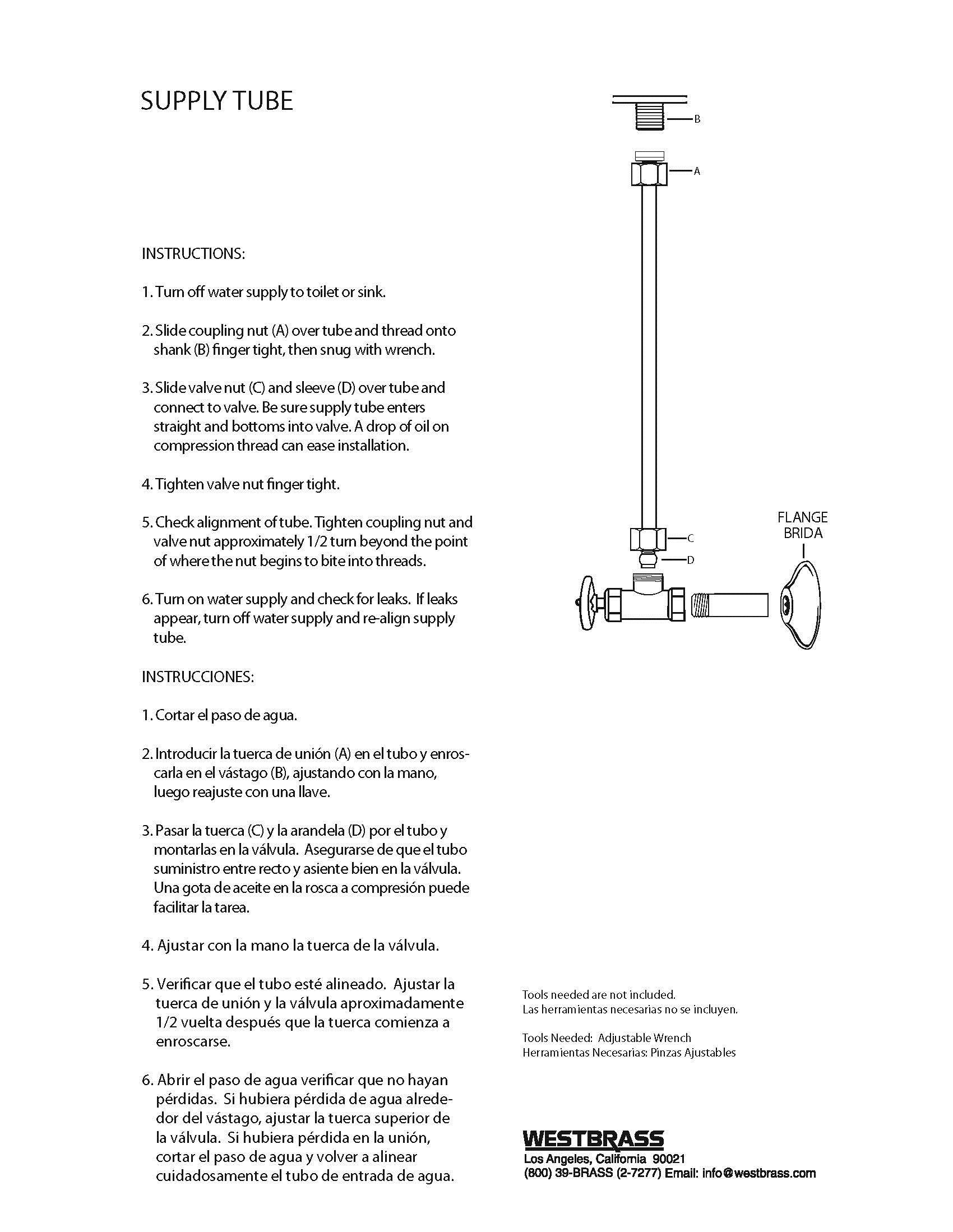 Westbrass D124 3/8 "x 20" de Cabeza Plana Suministro de retrete