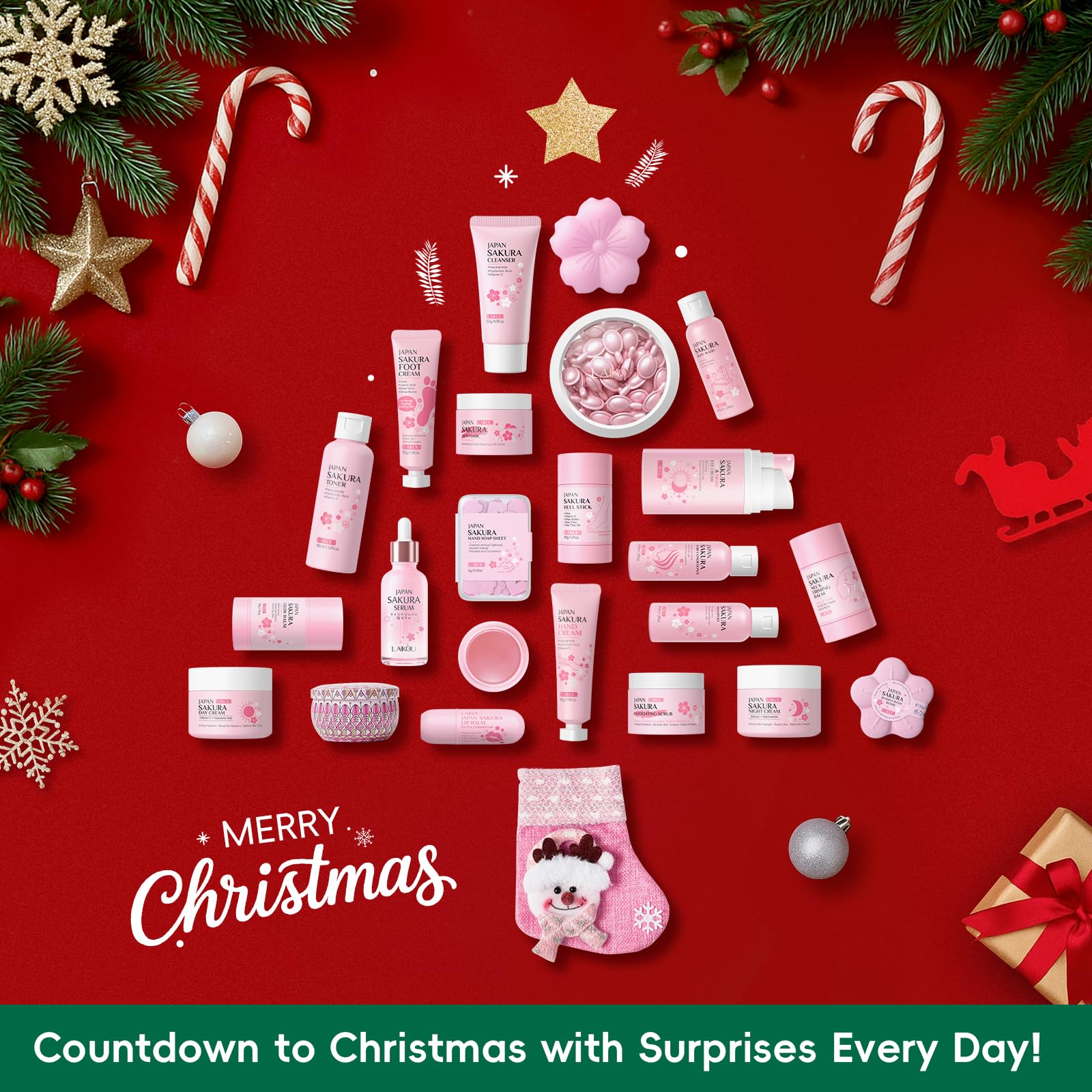 LAIKOU Beauty Adventskalender 2025 Frauen, 24-teiliges Sakura Gesichtspflege Set Damen, Weihnachtsgeschenk für Frauen Mädchen & Teenager