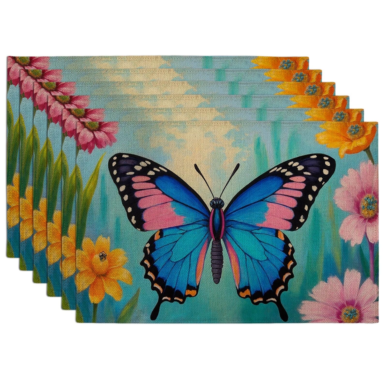 Vibrant Butterfly Placemats, Floral Design Place Mats for Dining Table, Spring Summer Non-Slip Washable Indoor Outdoor Kitchen Party Decorative Placemat Set of 6