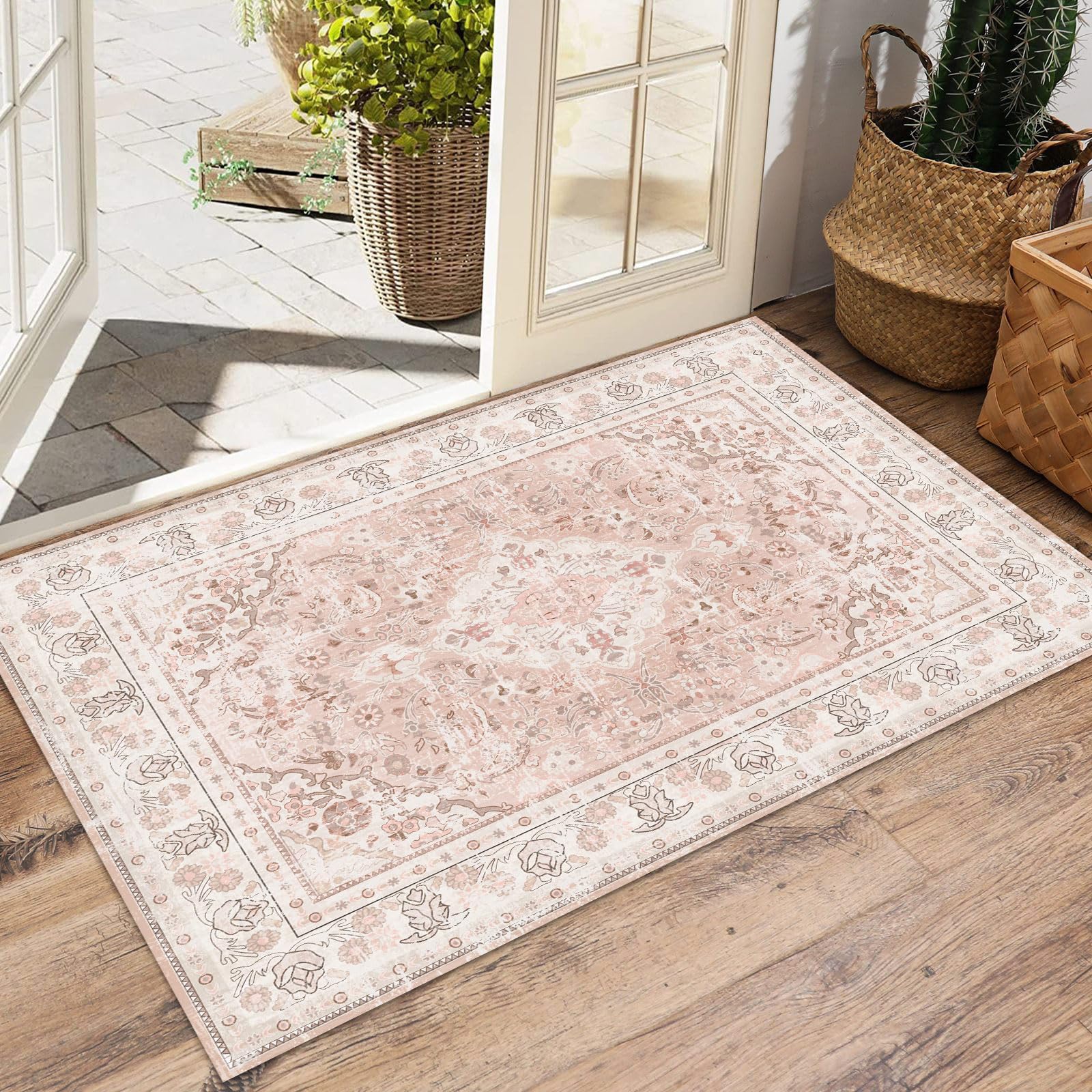 Vhong 2ร3 Dusty Pink Area Rugs Washable Boho Vintage Modern Neutral Small Carpet Doormat for Bathroom Kitchen Entryway Girls' Room Nursery Room Non Slip โ image 1