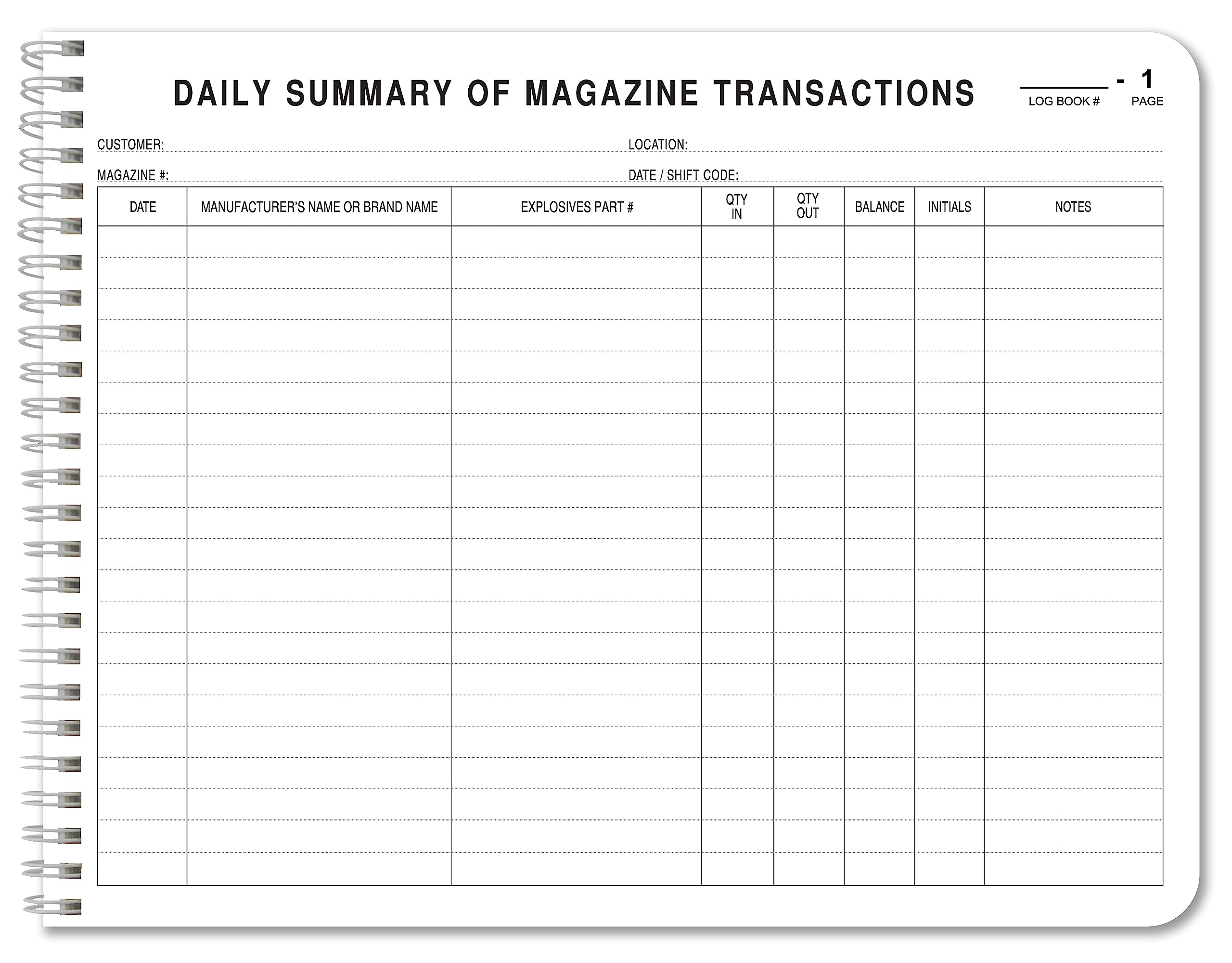 BookFactory® Explosives Inventory Log Book/Daily Summary of Magazine Transactions - 100 Pages - 11" x 8 1/2", Red-TransLux Cover - Wire-O (LOG-120-7CW-A-(EXPLOSIVES))
