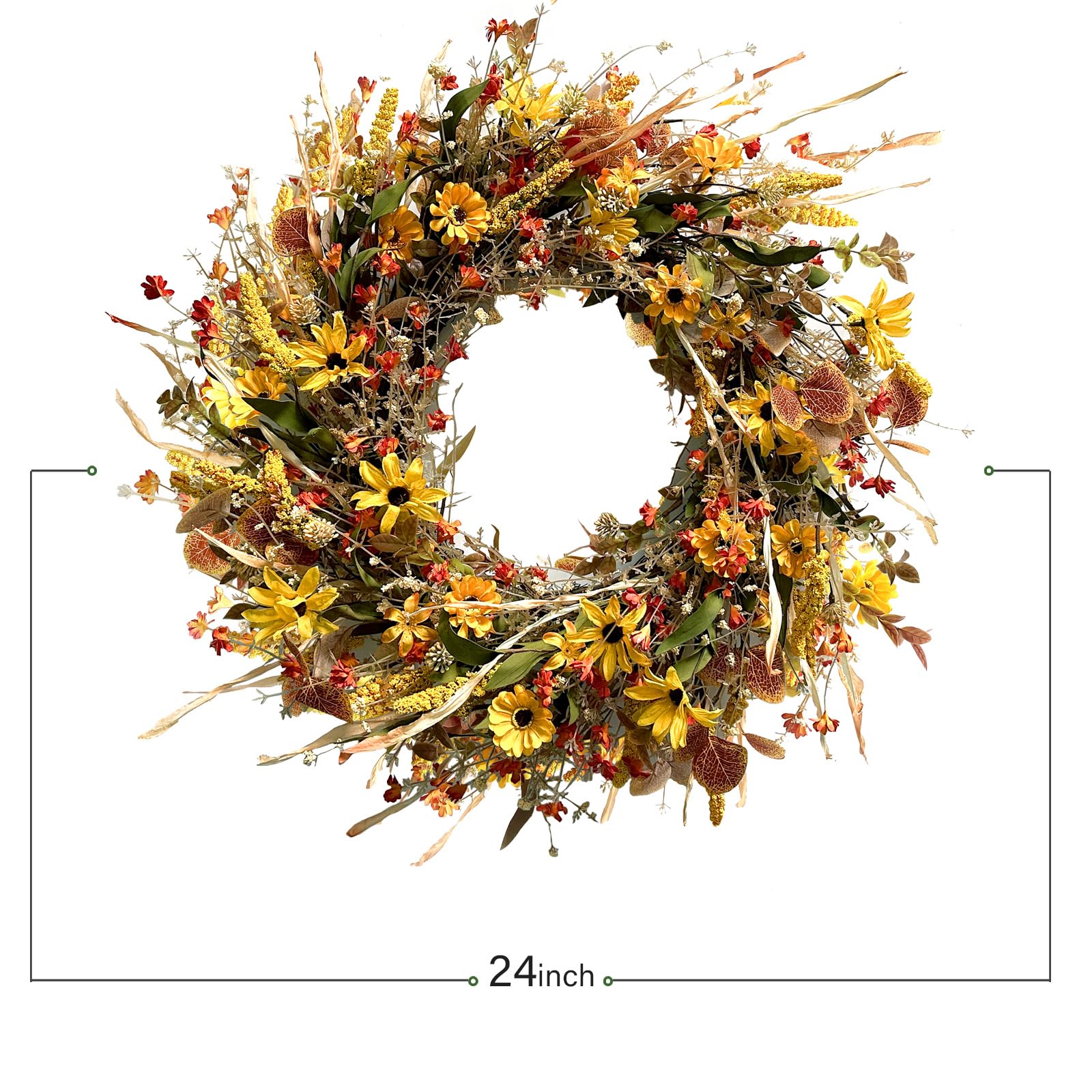 Couronne de feuilles d'eucalyptus en forme de marguerite jaune d'automne de 61 cm pour porte d'entrée, couronne de fleurs jaunes d'automne avec pics à grains et fleurs sauvages pour intérieur