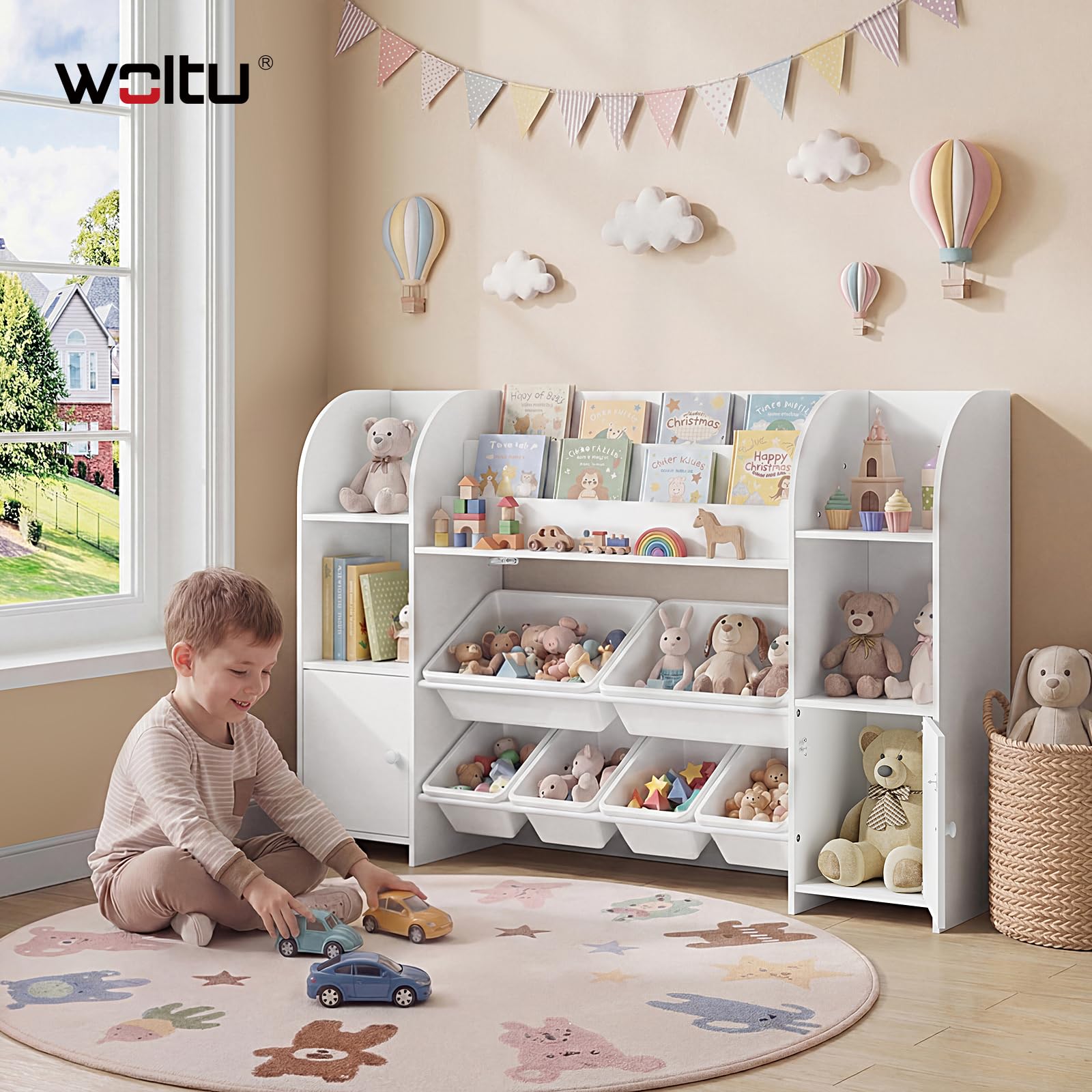 WOLTU Kinderregal Bücherregal Kinder Holz 6 Plastikschubladen Weiß | 6 Schubladen; 4 Fächer; MDF; Kinderzimmer; Wohnzimmer; Arbeitszimmer; 140x90x30 cm; Regal