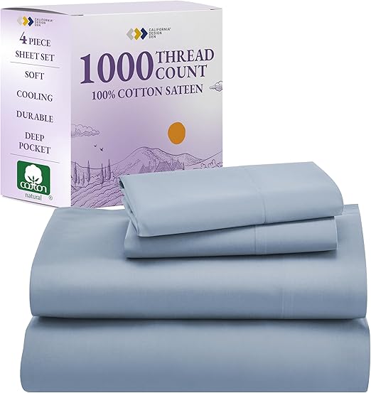 California Design Den 1000 Thread Count King Size Sheet Set, Winner Architectural Digest Best Sheet, Luxury 100% Cotton Sateen, Softer Than Egyptian Cotton (Blue)