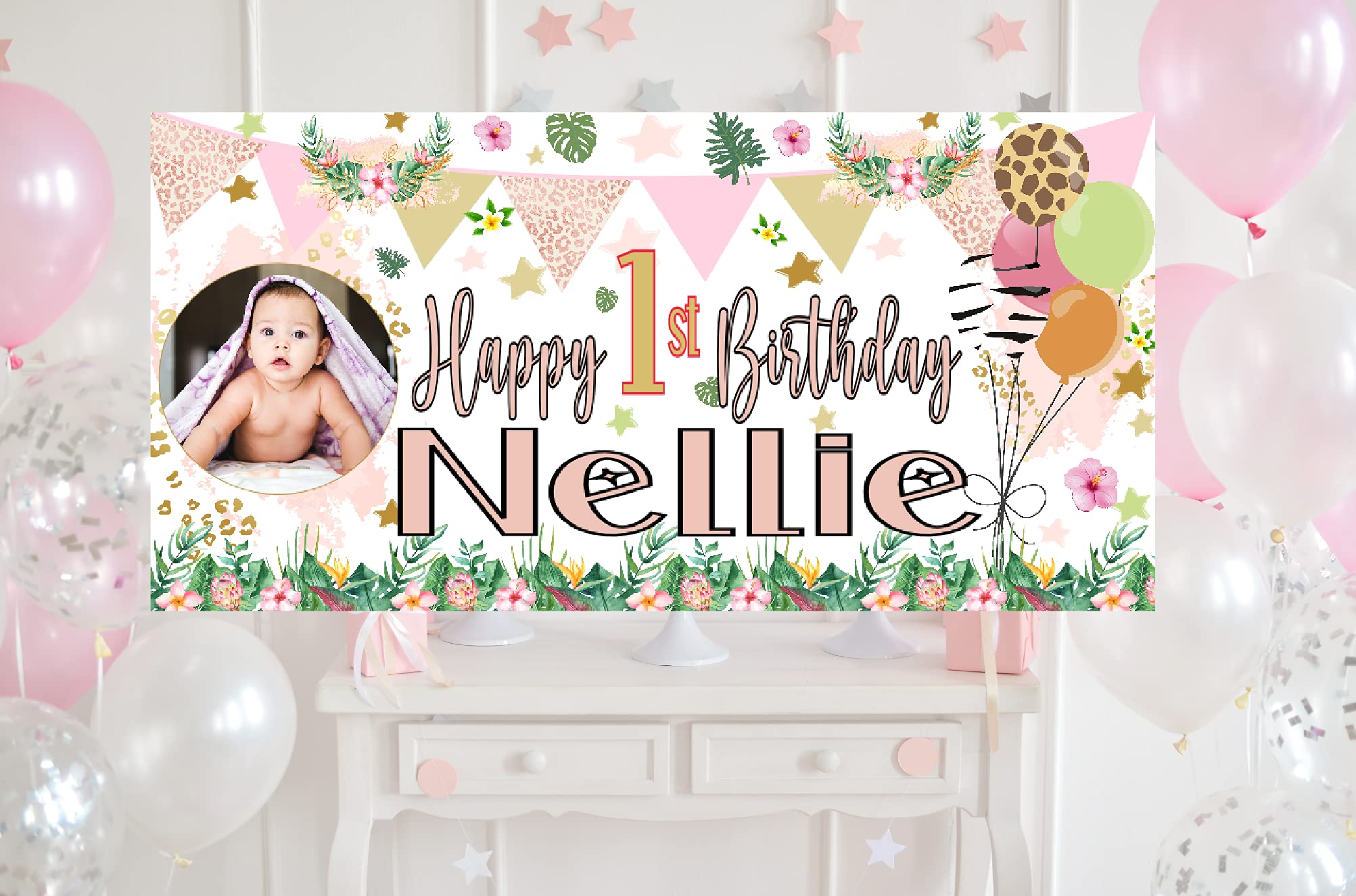 Large Personalised 1st Birthday Backdrop First Birthday Banner for Boys Girls Customised with Name Age Photo Party Decorations Blue Pink 2nd Outdoor (Safari Pink, 4x2ft - Indoor Banner Paper) — image 1