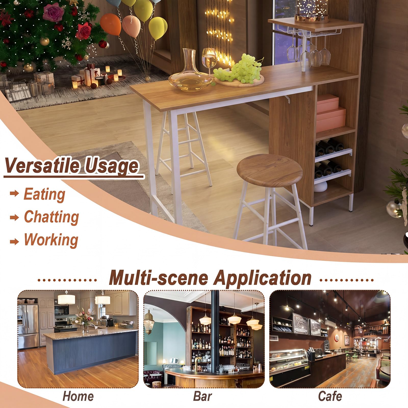 LIFEZEAL Lot Table Bar avec 2 Tabourets, Mange-Debout et Chaises avec Repose-Pieds, Table à Manger avec Porte-gobelet et 5 Étagères, Table Bistrot Acier Industriel, Charge 150kg (Naturel)