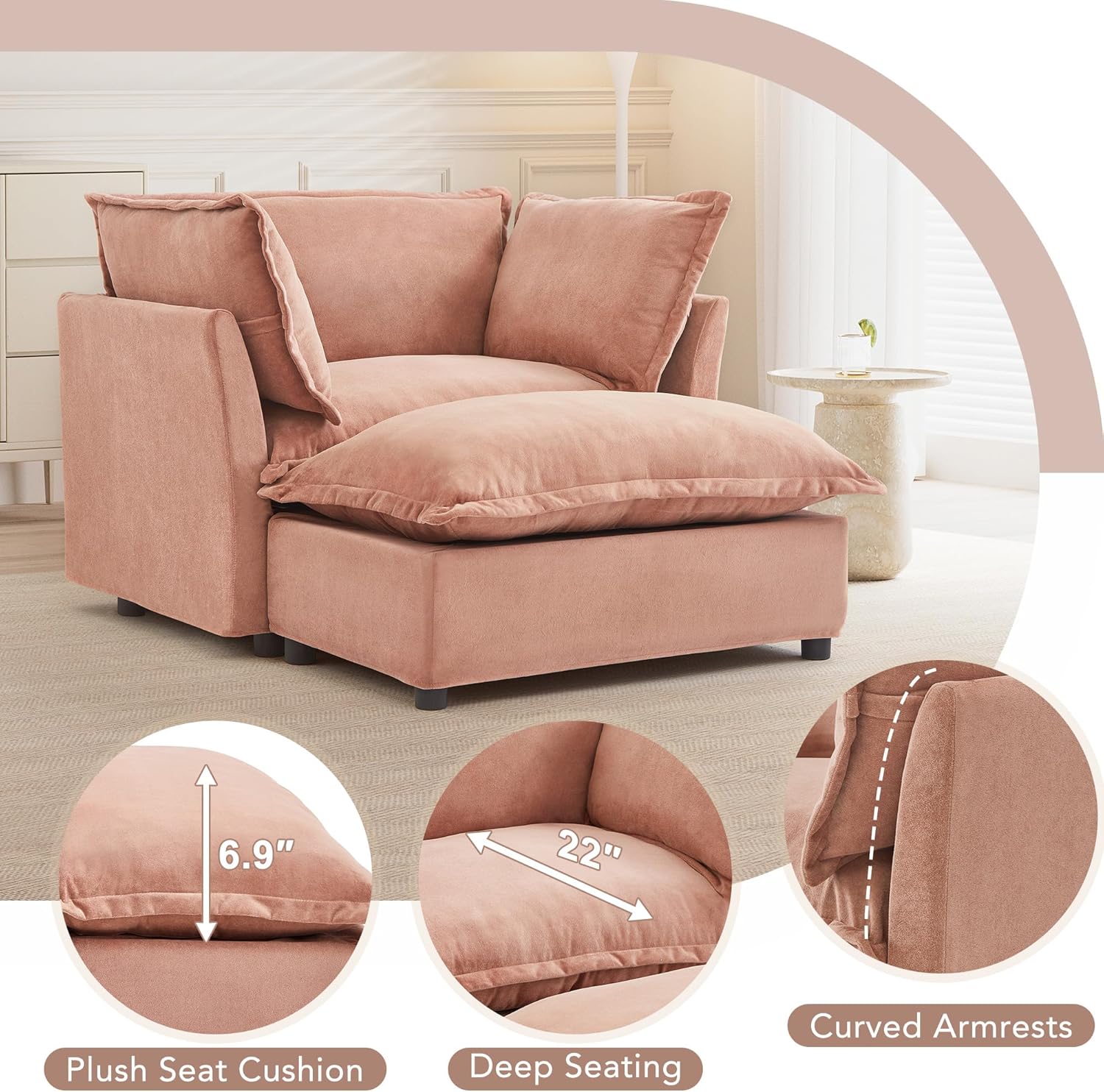 Image detailing plush seat cushion, deep seating, and curved armrests