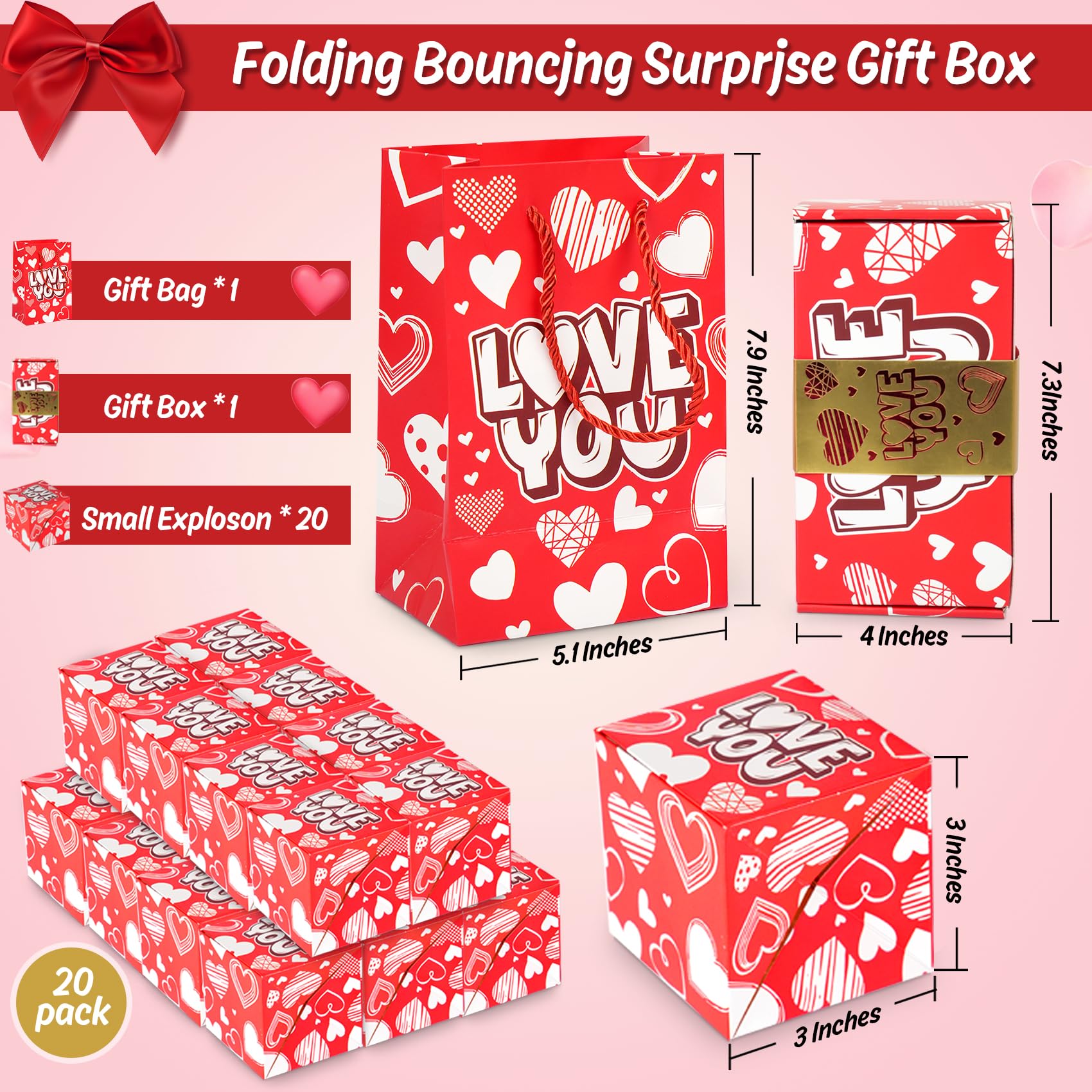 NefosLeuki Surprise Gift Box Explosion for Money,Valentines Pop-Up Explosion Gifts Box,Folding Bounce Box for Valentine's Day,Birthday,Anniversary(Red-20 Bounces)