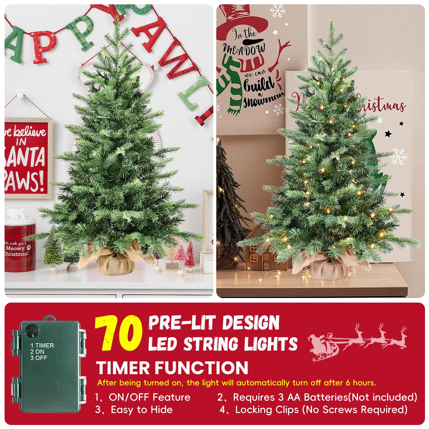 Liguanow 3ft Pre-lit Mini Christmas Tree Artificial Nordic Spruce Small Table Top Christmas Tree with 70 LED Lights 315 PE & PVC Mixed Branches Tips Burlap Wrapped Base Xmas Tree for Home Office Decor