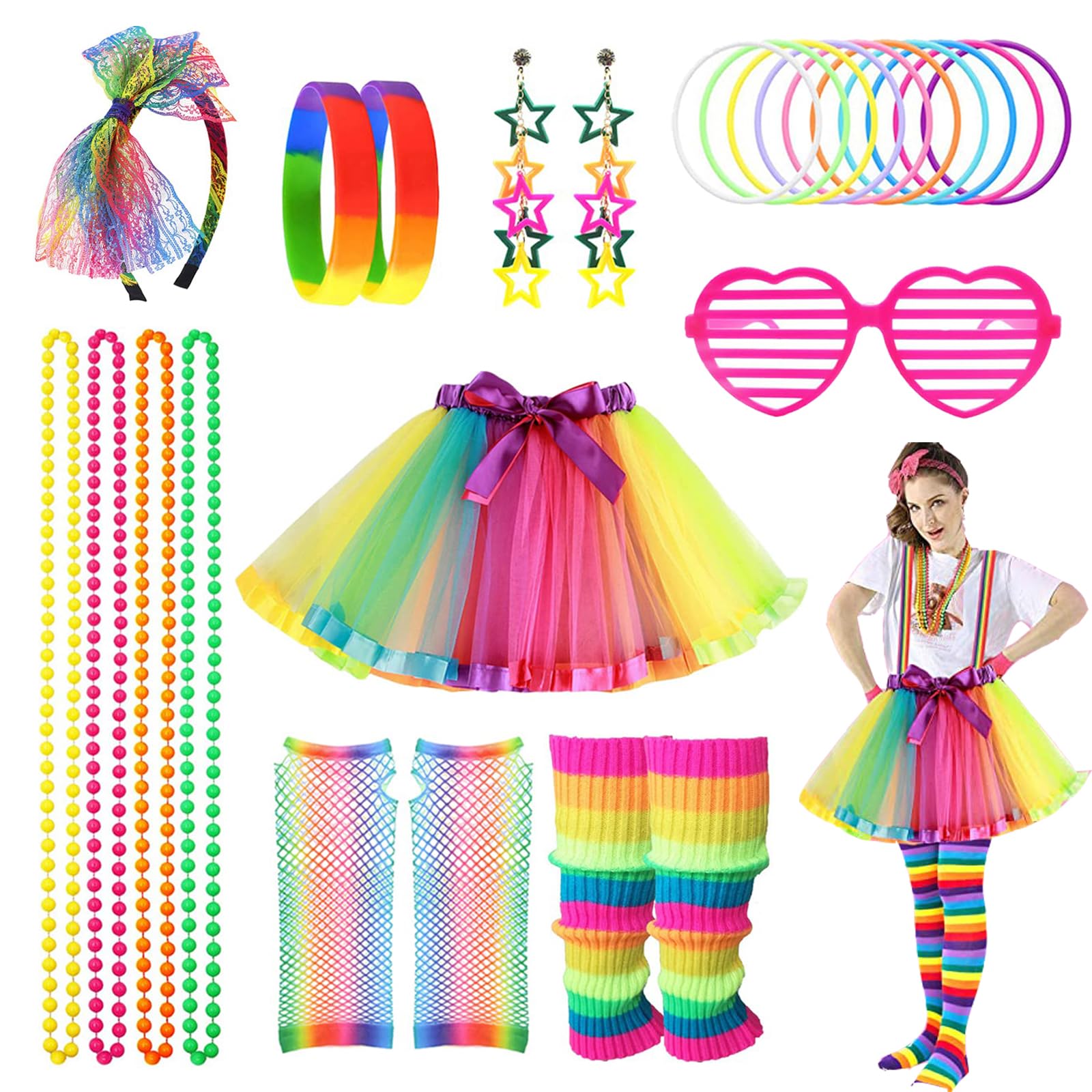 80s Fancy Dress Costume Accessories Se for Women Girls Rainbow Tutu Skirt Leg Warmers Fishnet Gloves Glasses Earrings Bracelet Necklace Headband, Retro Outfit for 80s Party, Dress up Day