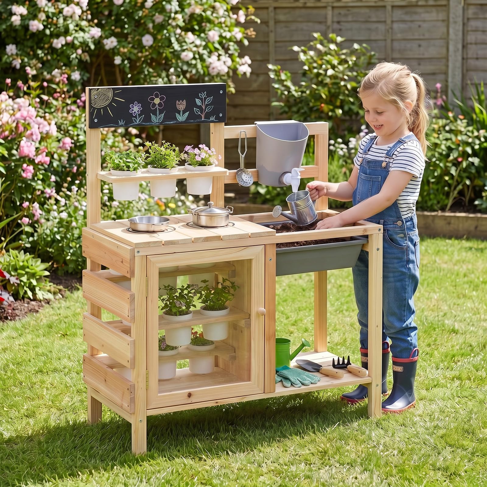 COSTWAY Cucina per Bambini in Legno, Cucina di Fango da Esterno con Serbatoio, Lavello, 12 Vasi di Fiori Rimovibili, Lavagna, Ripiano Inferiore e Accessori per Cucinare per Bambini 3+ Anni