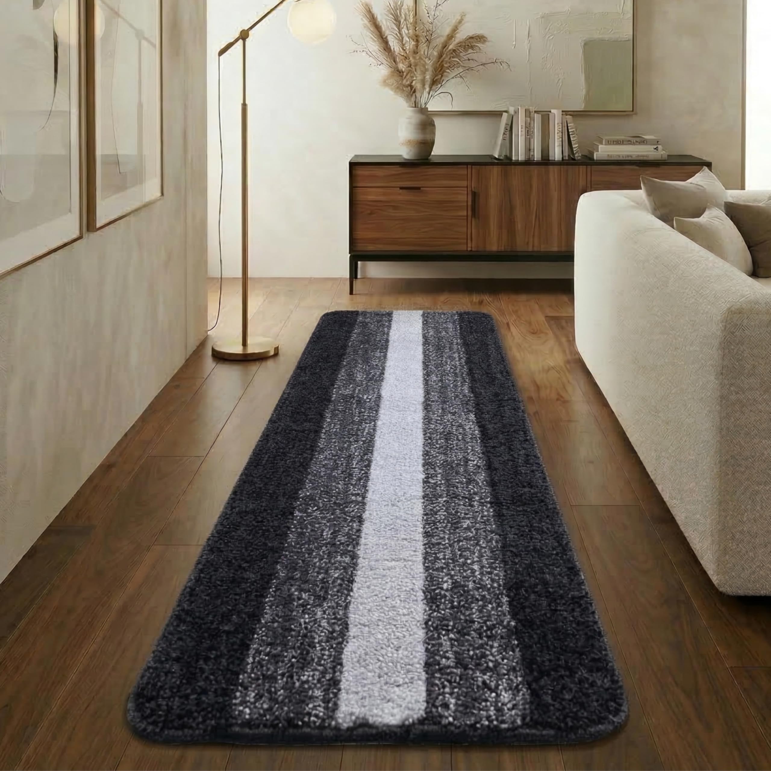 SARAL HOME EASY LIVING Microfiber Striped Rectangle Anti-Skid Runner|Soft & Super Absorbent, Washable Multipurpose Bedside Runner for Home/Kitchen/Lobby/Office Entrance, 50X180 CM|Pack of 1 (Black)