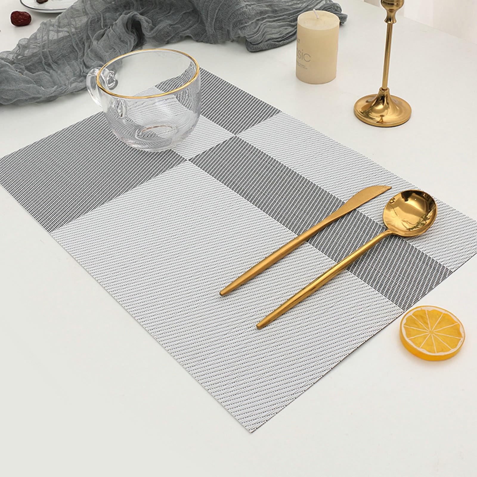 Epinki Tischset 30x45cm Deko 10 Stück, PVC Tischuntersetzer Gitter Muster, Quadratisch Platzsets Abwaschbar Natur für Küche Hause Restaurant, Grau