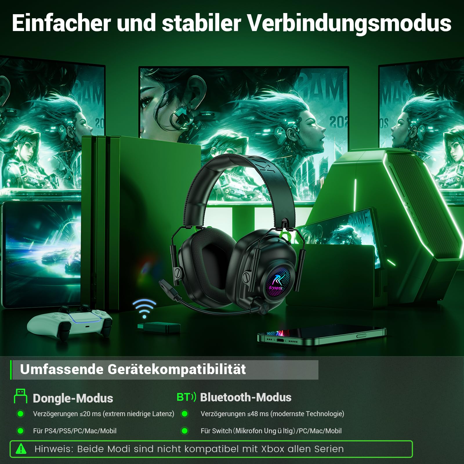 Krysenix KGH2 Wireless Gaming Headset für PS4, PS5, PC, Mac, Switch, 2.4GHz Gaming Headset mit Mikrofon, Faltbares Noise Cancelling Kabelloses Headset mit LED-Lichtern, 40H Akkulaufzeit, Rußschwarz