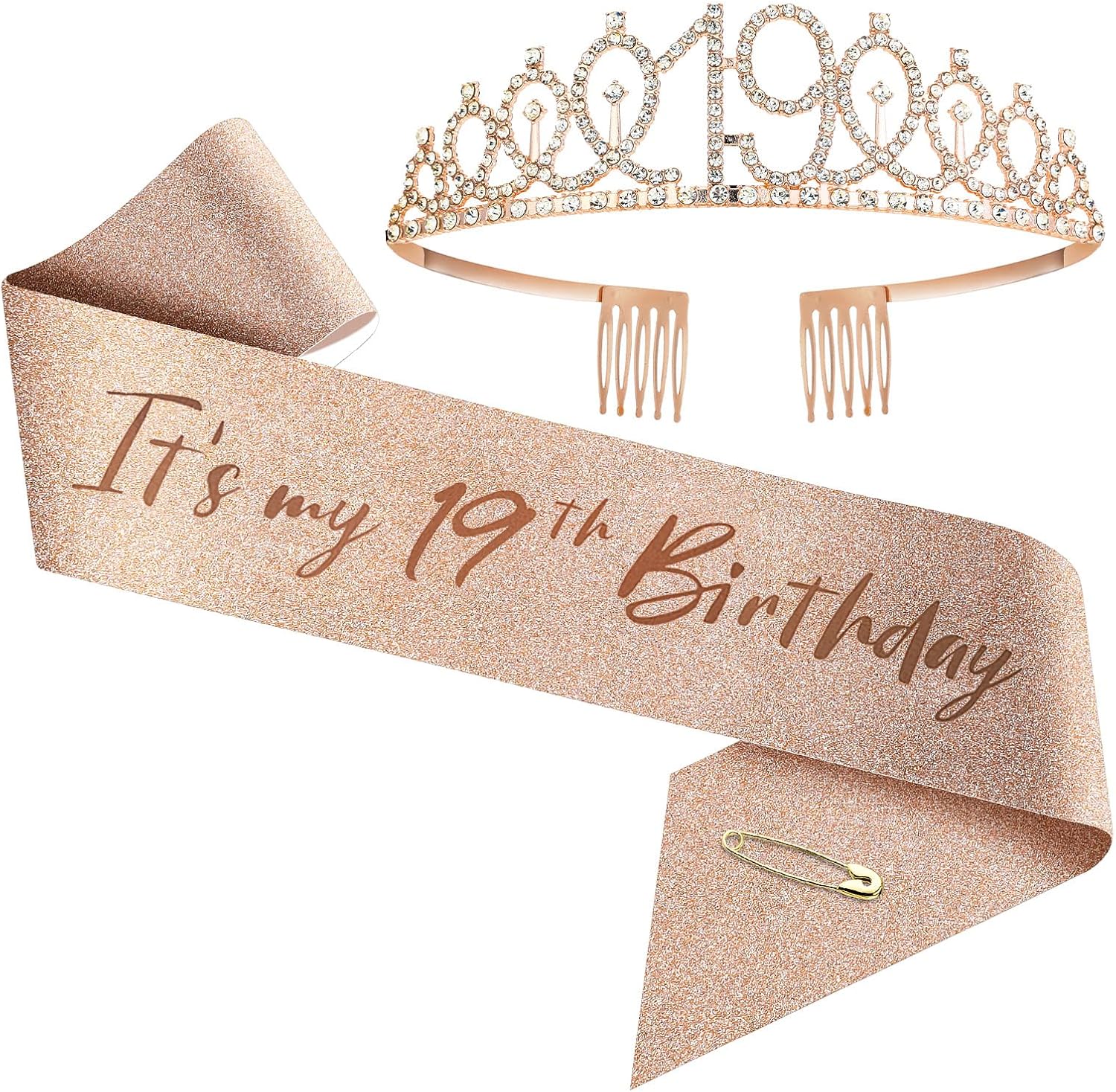 Upgrade Birthday Crown and Sash for Women - Rose Gold Rhinestone Tiara Set and Sash for Decorations