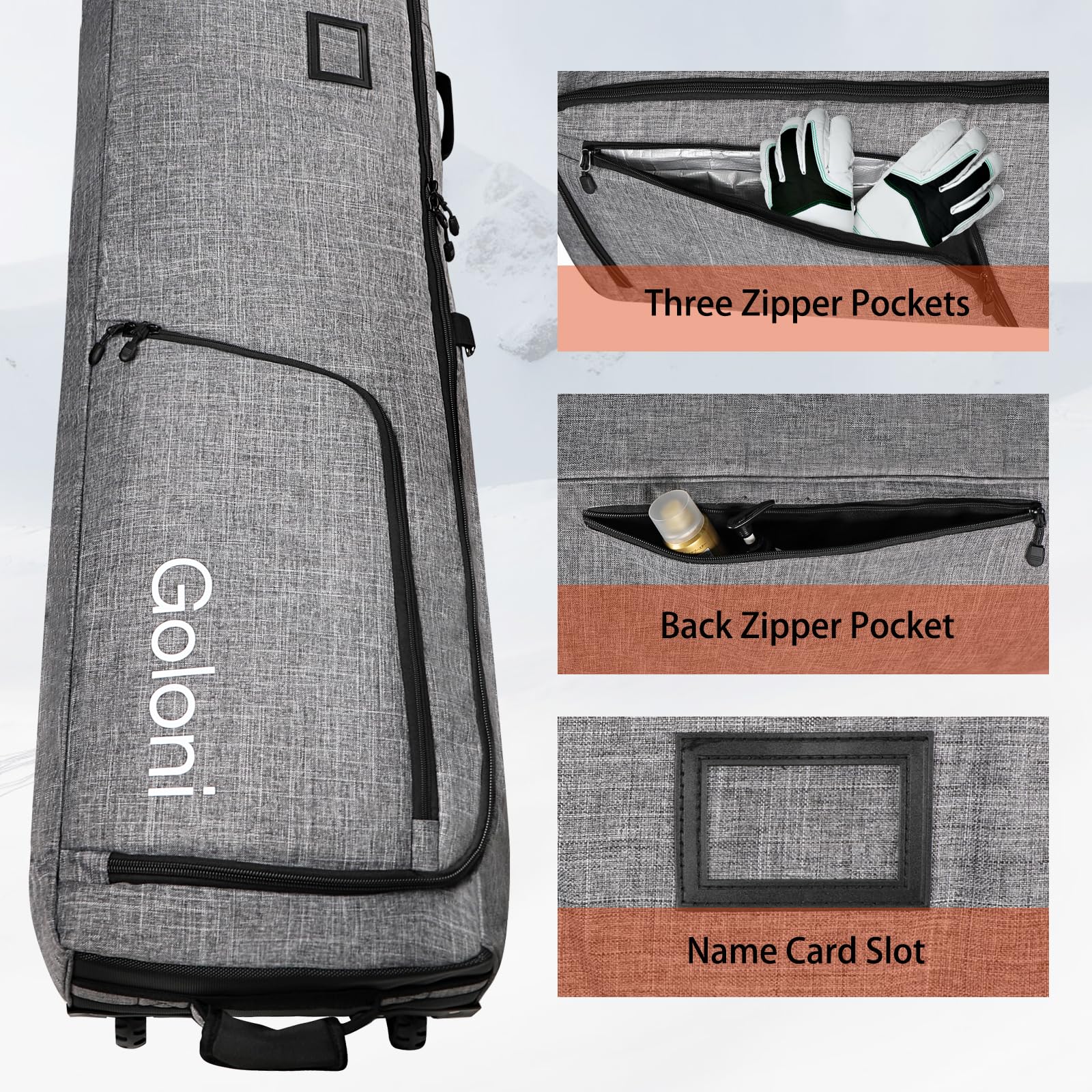 Goloni Skitasche mit Rollen, gepolsterte Snowboardtasche für Flugreisen, 600D wasserdichter Stoff, faltbare Schneetasche für 2 Paar Ski