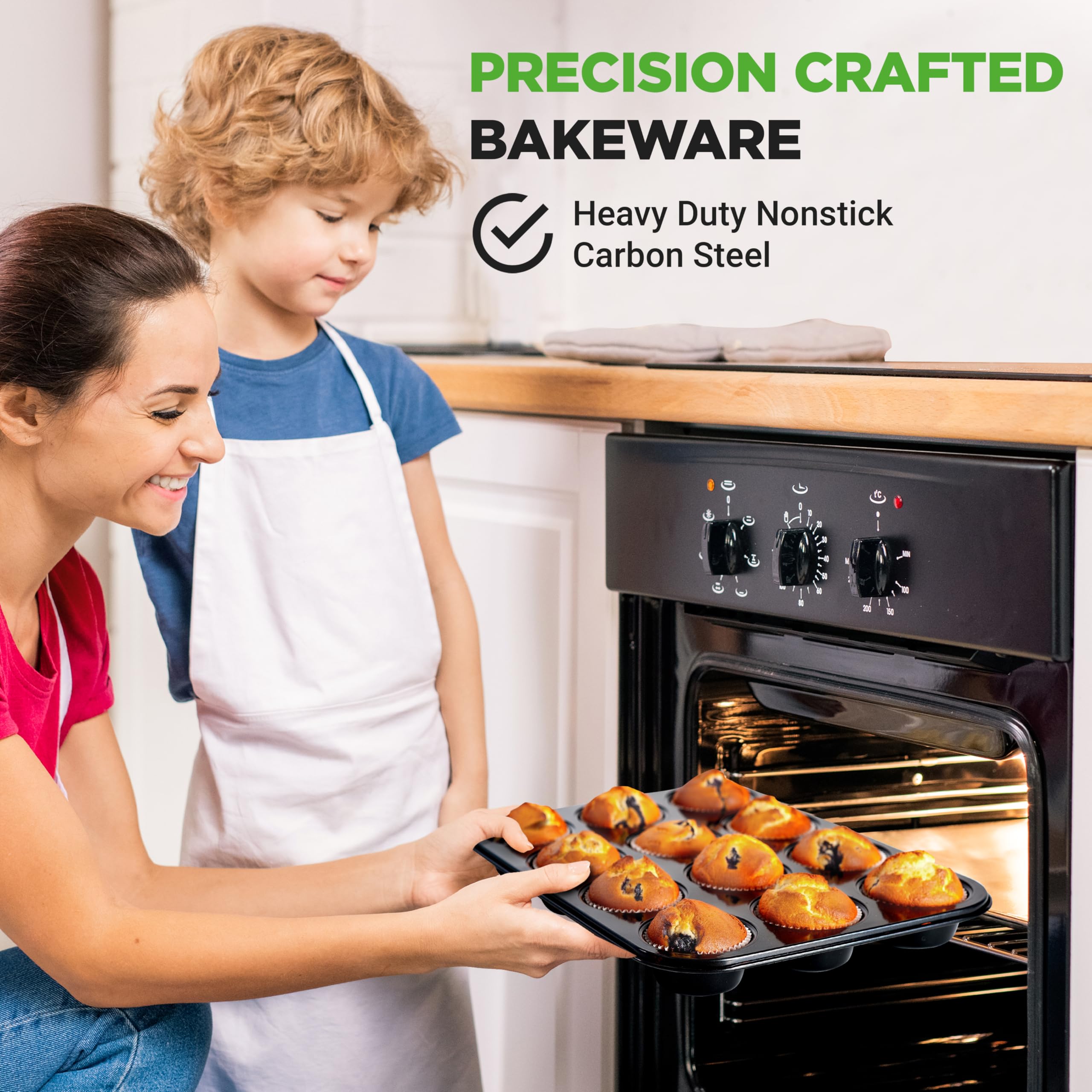 NutriChef Muffinformen zum Backen, antihaftbeschichtet, 12 Formen, stapelbare Cupcake-Formen, Karbonstahl, spülmaschinen- und ofenfest, inklusive 200 Pergamentpapiereinlagen, 33 x 10 x 2,5 cm, Schwarz