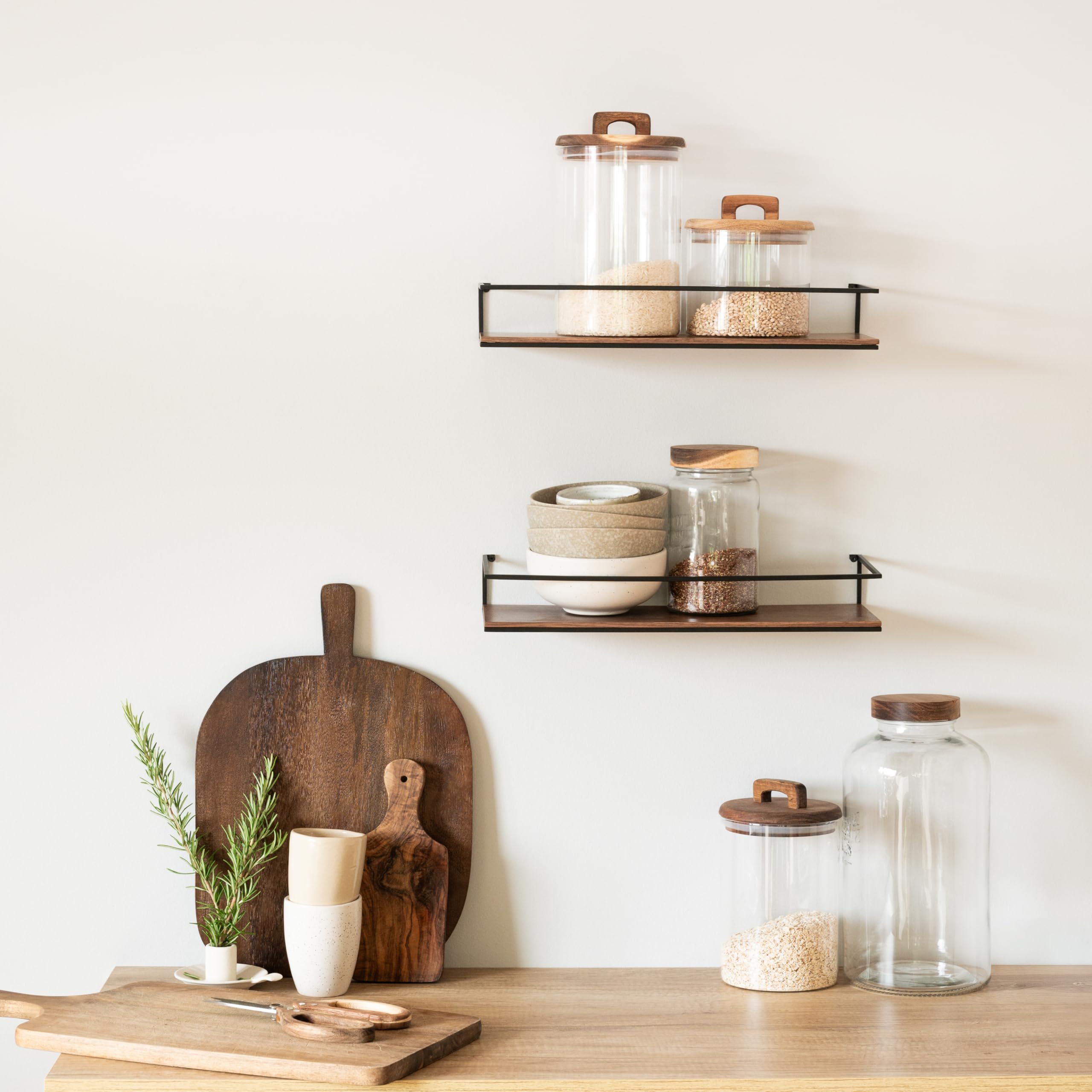 Kazai. Set di Mensole da Muro -STENN- | Mensola da Parete in Metallo e Impiallacciatura in Vero Legno | Scaffale per Bagno, Soggiorno, Cucina e Camera da Letto | Noce