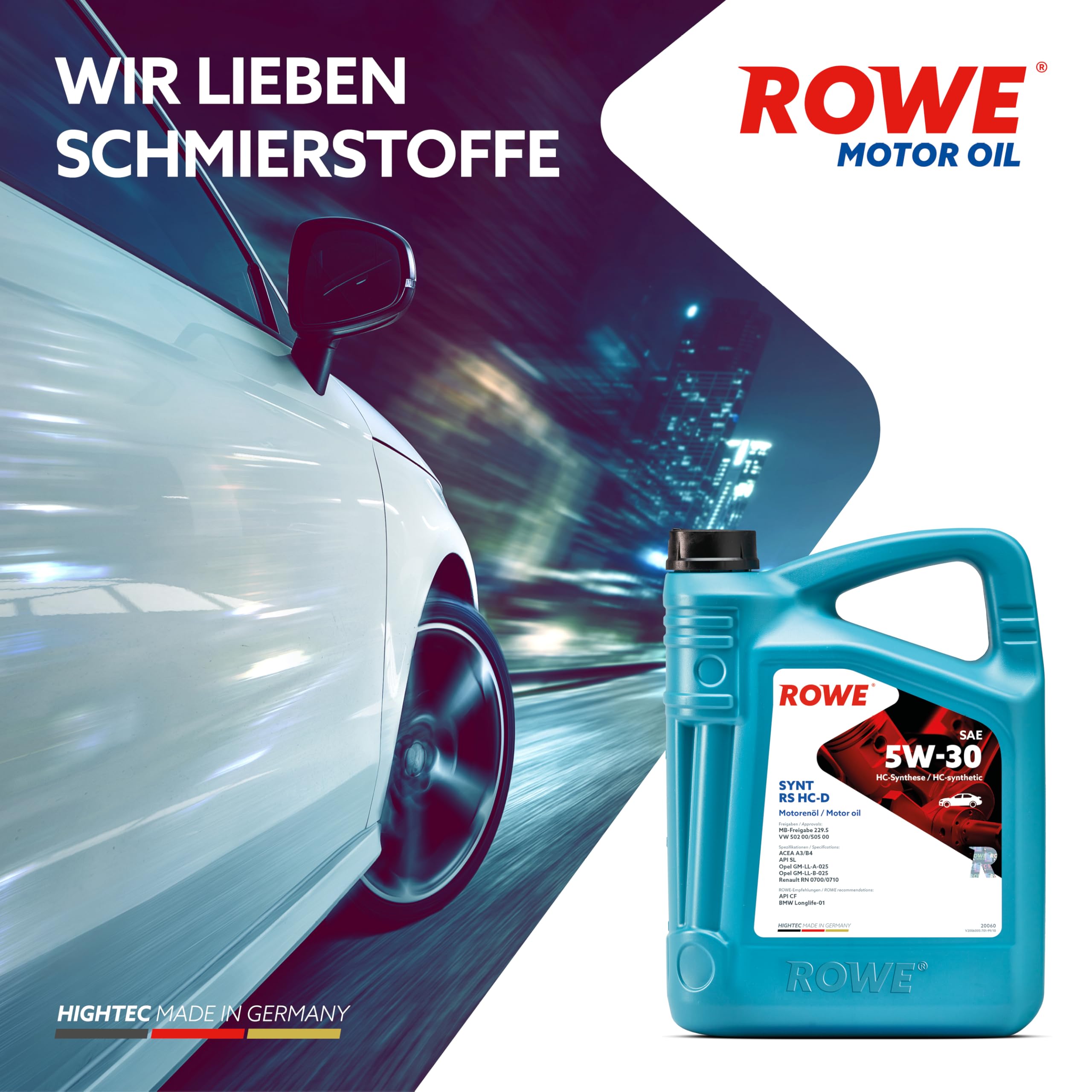 ROWE HIGHTEC SYNT RS HC-D SAE 5W-30, 5 Liter, HC-Synthese-Leichtlauföl | Synthetisches Energiesparöl für moderne Otto- und Dieselmotoren ohne Partikelfilter, Art. Nr. 20060