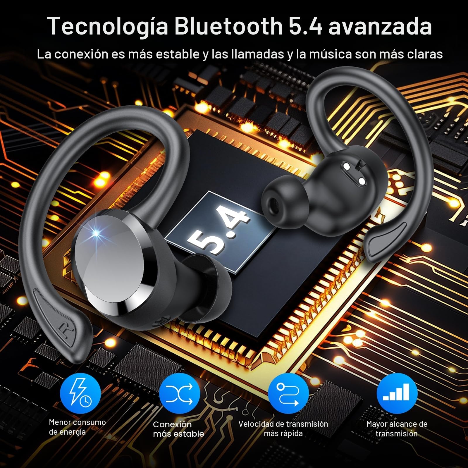 Auriculare Inalámbricos Deportivos, 2026 Nueva Auriculares Bluetooth 5.4 con HD Mic, 68H Cascos Inalambricos Bluetooth con Pantalla LED, IP7 Impermeable, Cancelacion Ruido ENC Auriculares Running