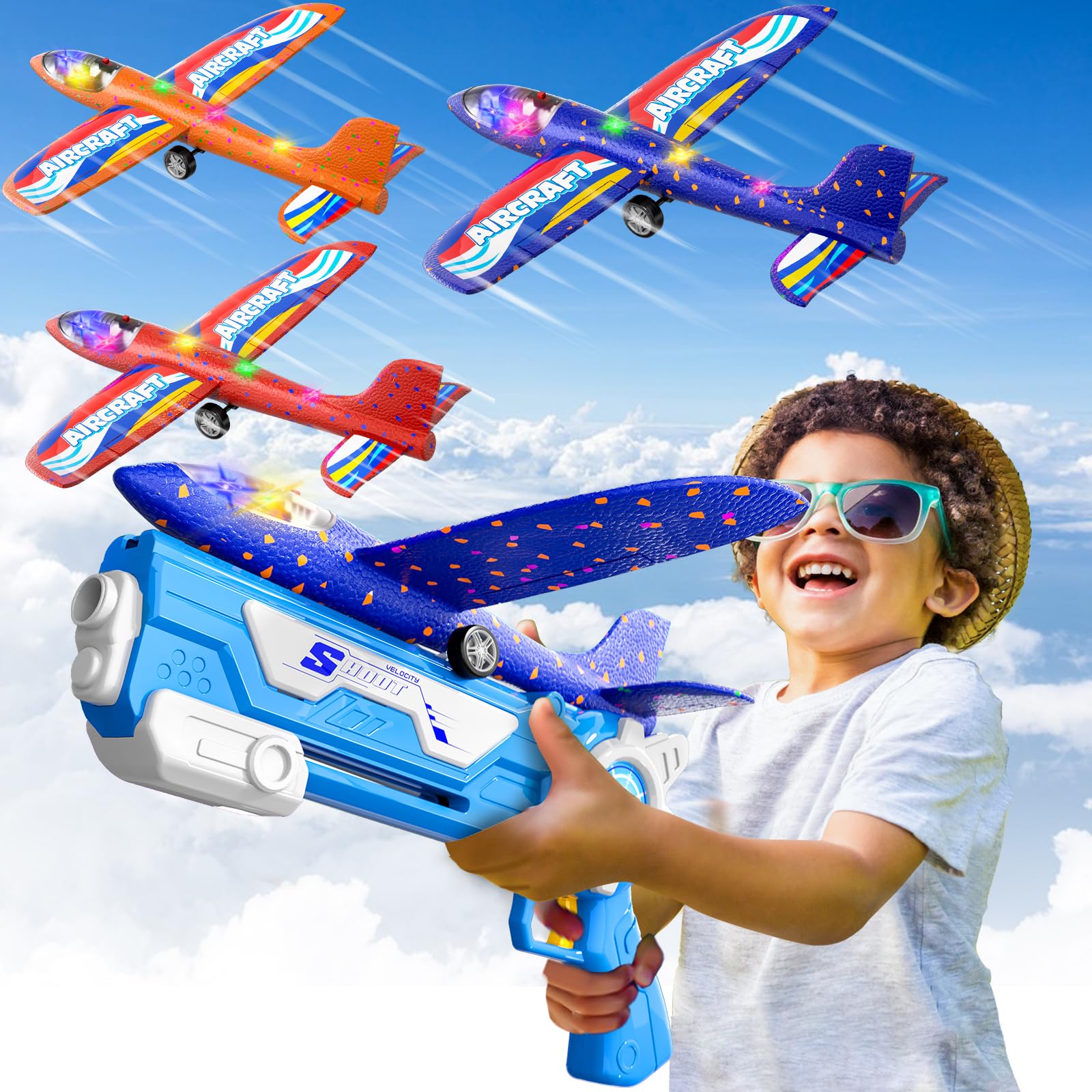 Doloowee Aeroplane Toy, 3 Glider Planes with Catapult, 2 flight mode, outdoor toys for kids 3+ Years