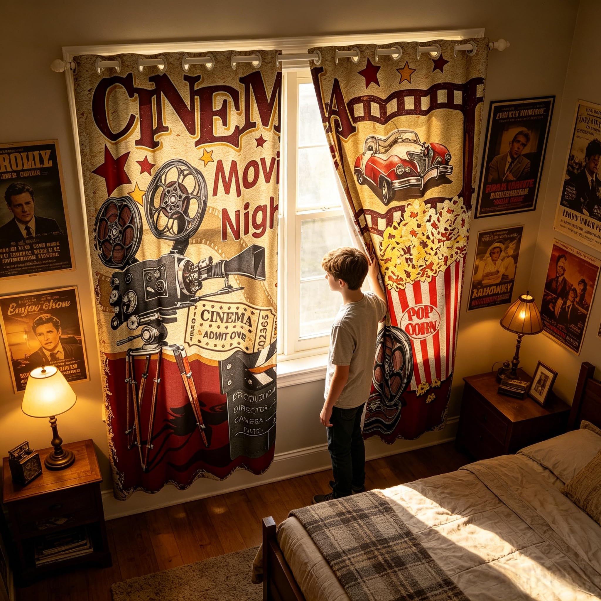 Feelingyou Boys Brown Retro Cinema Curtains,Movie Theater Theme Blackout Curtains For Girls Teens,Popcorn And Film Window Treatment Curtain Home Decor,Vintage Cinema Ticket Window Drape For Living Room Bedroom,66Wx90l