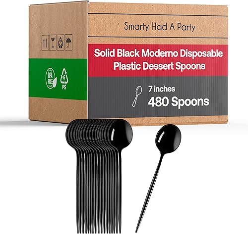 Cucharas de postre de plástico negro sólido, paquete de 480, cucharas desechables de 7 pulgadas para fiestas y eventos, sin BPA, cucharas duraderas