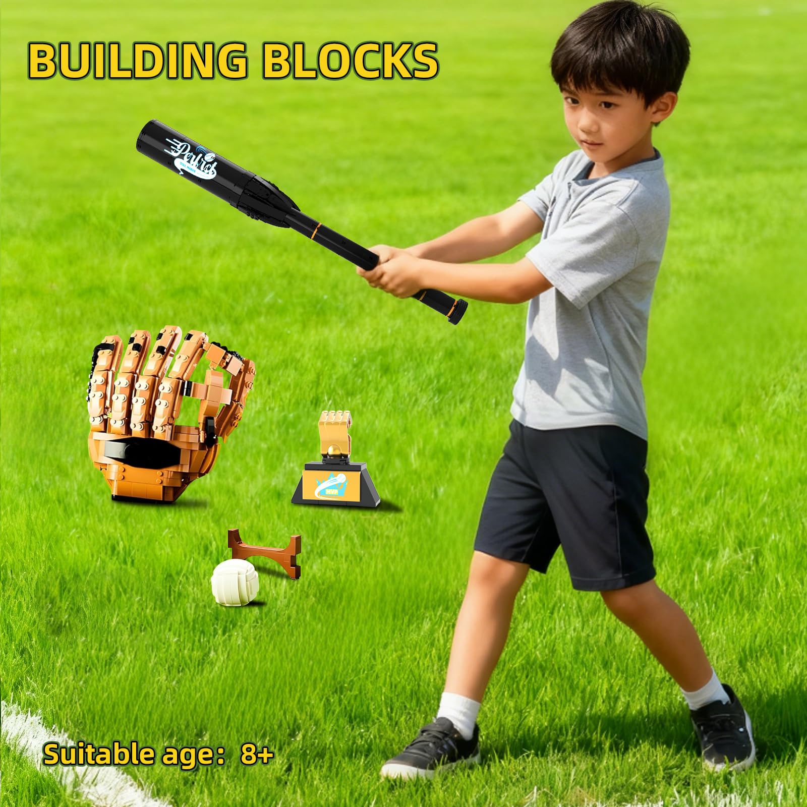 Sosuy Set de Construcción de Bloques Béisbol, 968 Piezas con Bate, Guante, Pelota, Trofeo y Soporte, Juguete Educativo para Niños Adolescentes, Regalo para Fans del Deporte para Construir y Exhibir