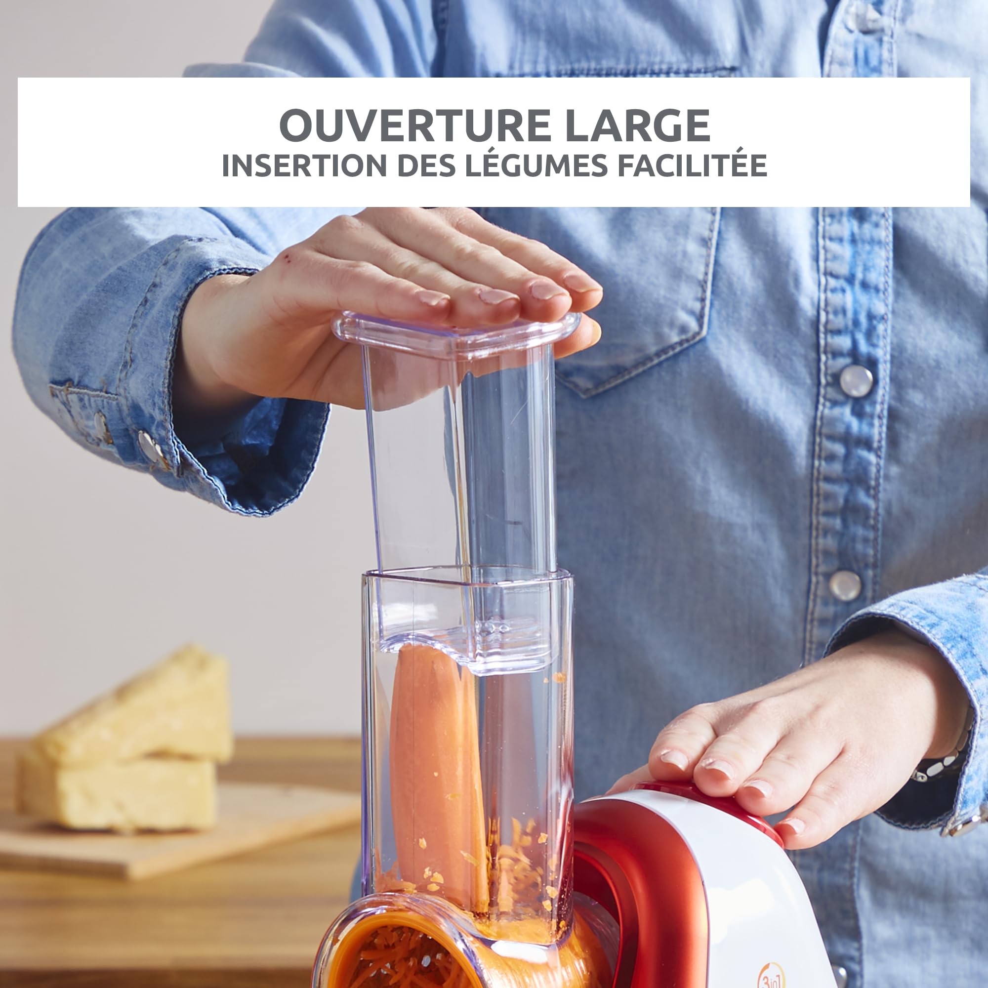 Moulinex Fresh Express Découpe-légumes 5-en-1, Tranche, Emince, Râpe, Large tube d'alimentation, Cône avec code couleur, Fabriqué en France DJ755G10, Rouge, Blanc
