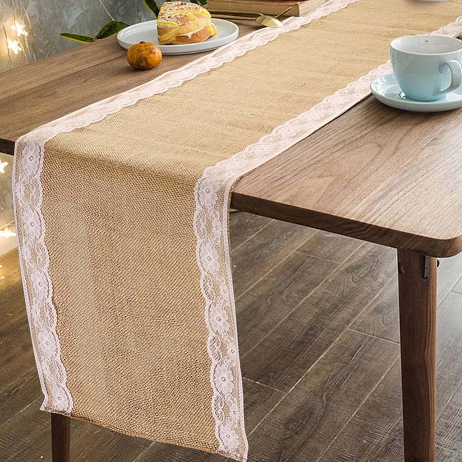 15 Pack Burlap Table Runner with White Lace, 12 x 108 Inch Elegant Rustic Natural Vintage Jute Farmhouse Long Table Cloth for Wedding Thanksgiving Christmas Birthday Party Decor