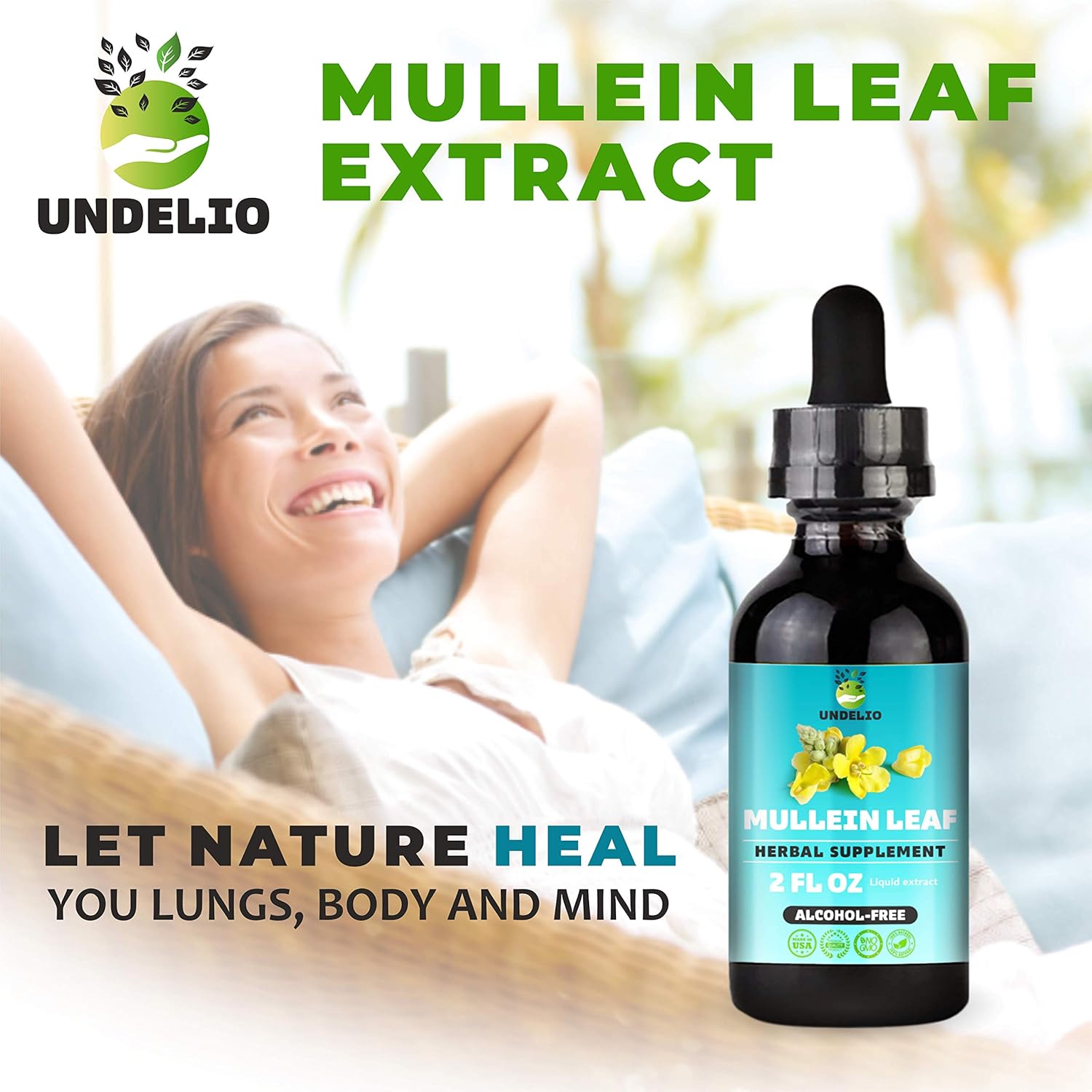 Mullein Leaf Liquid Extract 2 fl.oz. Vegan Supplement Help Respiratory & Digestive Function-Organic, Natural Sleep Aid-Non-GMO Verbascum Thapus Herbal Drops Alcohol and Sugar Free Made by UNDELIO : Health & Household