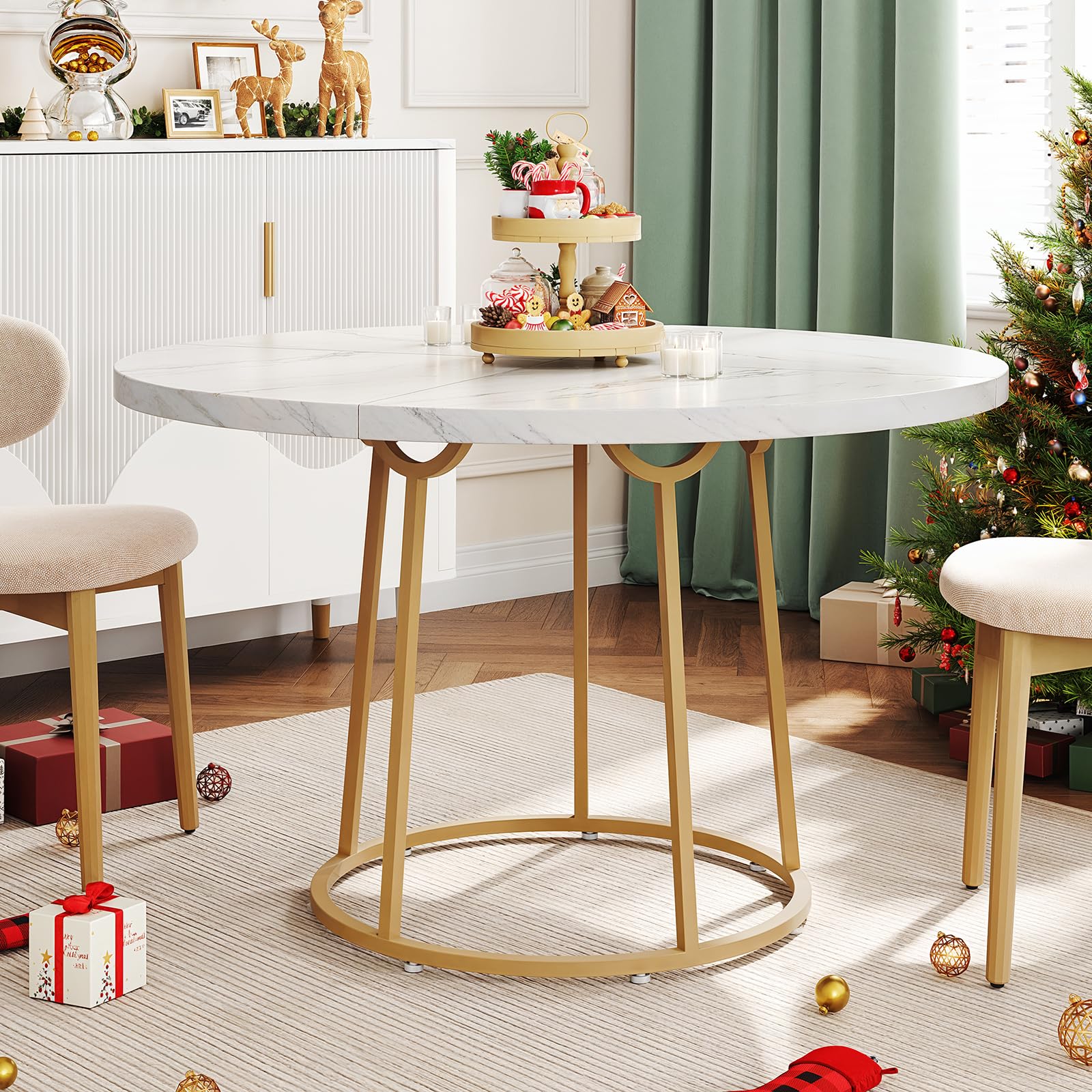 ONBRILL Round Dining Table, 47.24 Inch, Wooden Faux Marble with Gold Base, Circle Modern Small Table for Home Dining Room, Kitchen, Restaurant (White)