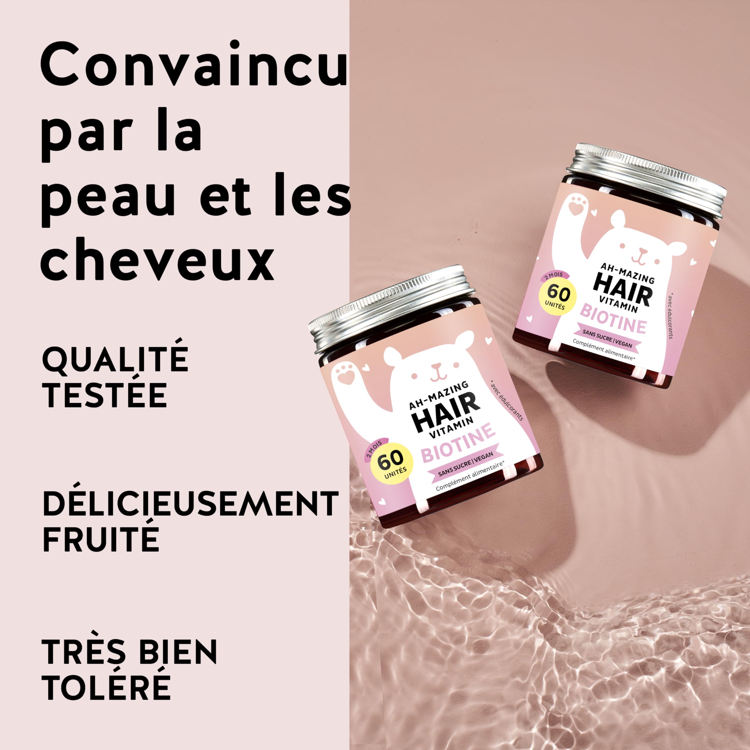 Gummies Biotine Ah-mazing Hair Pack de 3– Vitamines pour les Cheveux, la Peau et les Ongles – 5000 µg de Biotine, Zinc, Vitamines C, E – 180 Unités (6 Mois), Vegan, Sans Sucre, Bears with Benefits