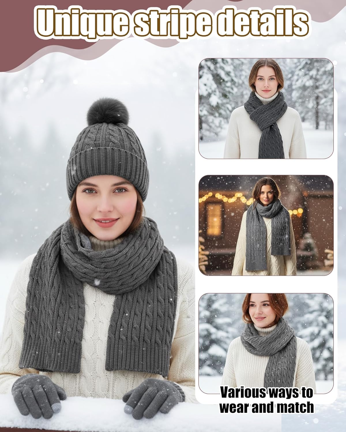 Geyoga 6 Pcs Winter Warm Set for Women Warm Beanies Hats Touchscreen Gloves Long Scarf Ear Muffs Socks Winter Gifts for Women - Image 3