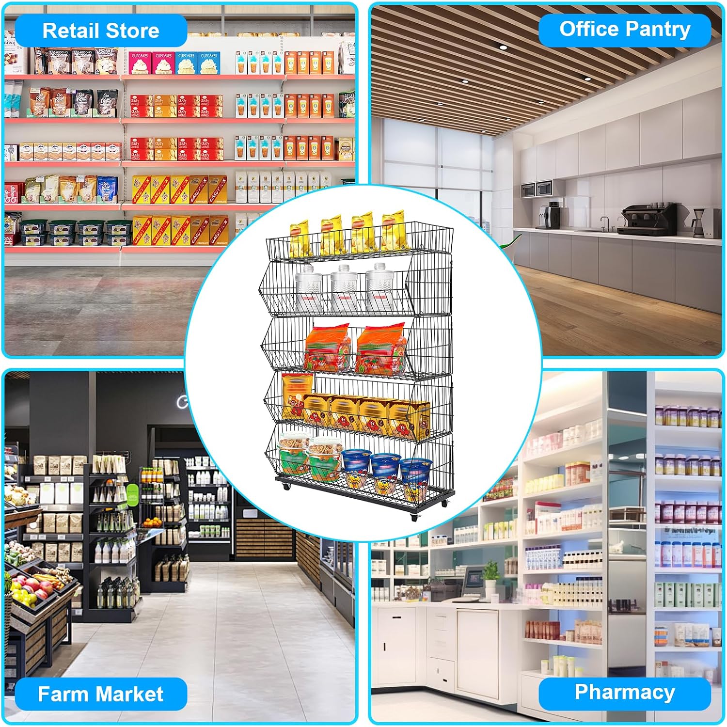 Retail Display Rack 5-Tier Market Merchandise Display Shelf Fruit Store Storage Shelf Vegetable Snack Basket Retail Store Supplies with Wheels for Home Store Market (18" D X 35" W X 55" H)
