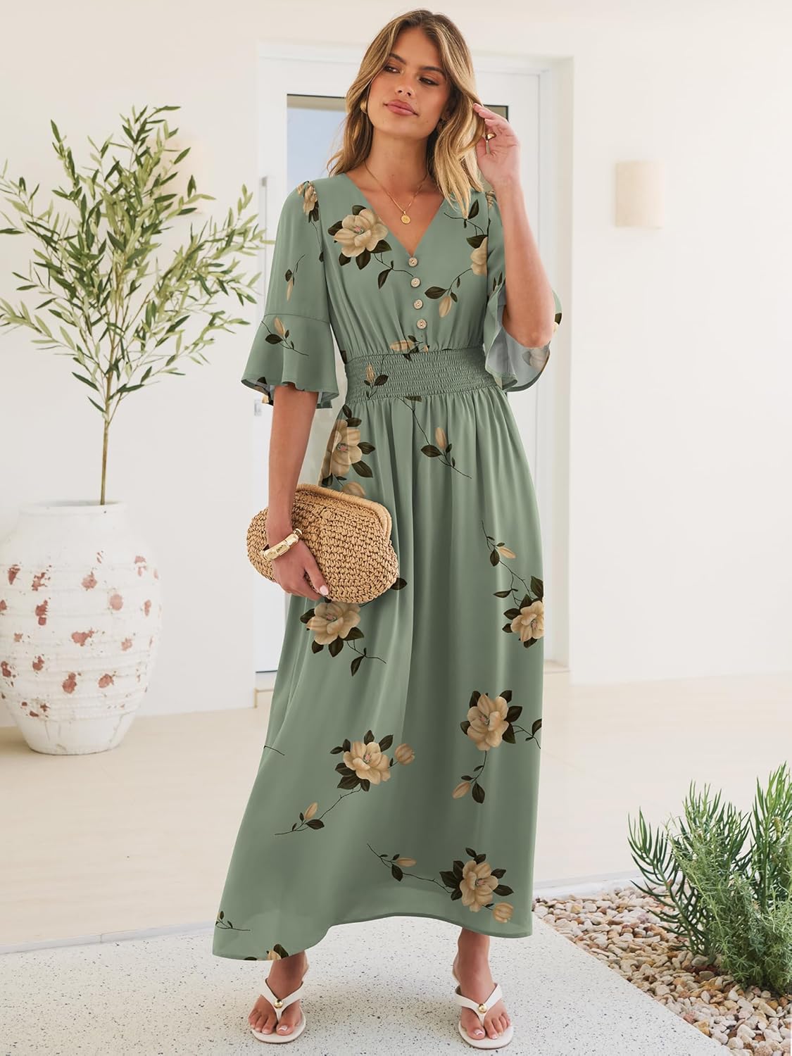 ANRABESS Womens Maxi Dress 2026 Summer Boho Ruffle Sleeve V Neck A Line Elastic Waist Flowy Wedding Guest Party Long Dresses