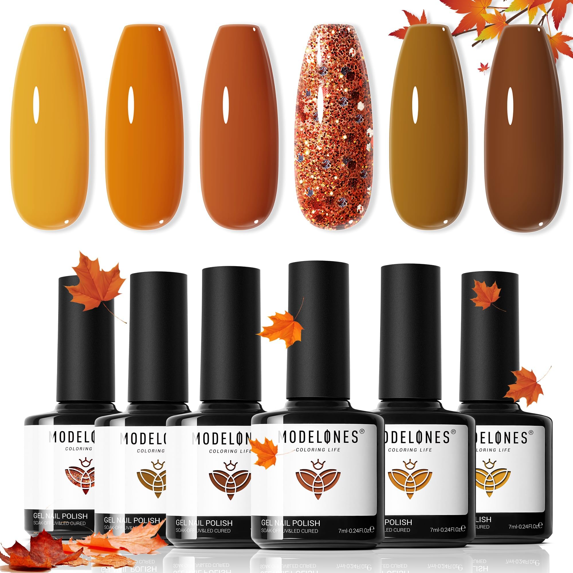 Modelones UV Nagellack 6 Farben Gelb Orange Braun Glitzer Gel Nagellack UV Nageldesign Sets Soak Off Gel Polish für Maniküre Nageldesign Herbst