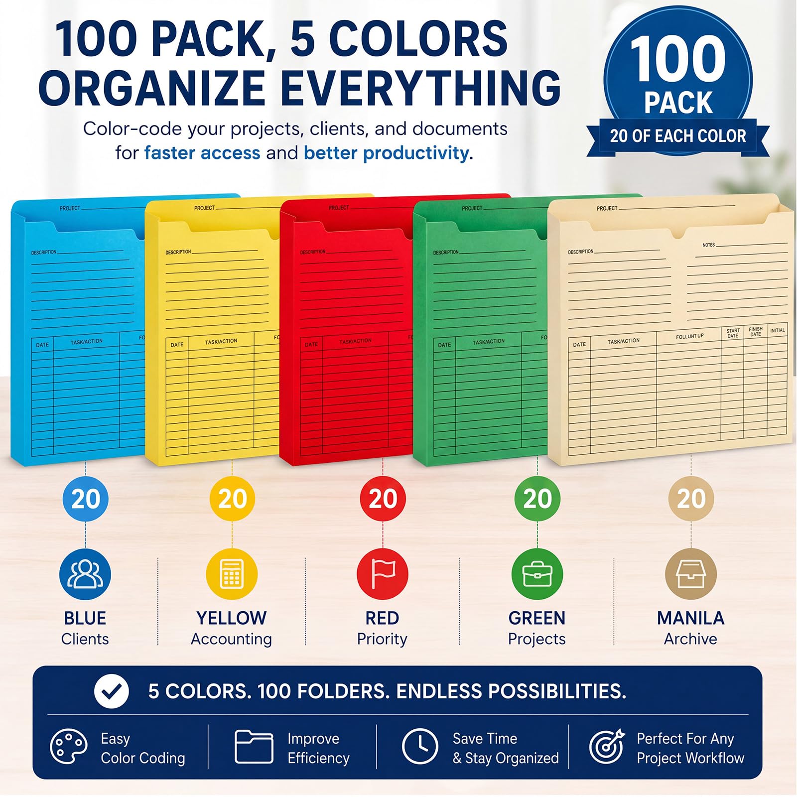 Zhehao 100 Stück Projektmappen, Großpackung, 30 cm L x 24,1 cm B x 5,1 cm T | Buntes Manila, Erweiterungstasche, Briefgröße, vorgedruckte Aktenordner, verstärkte, gerade geschnittene Reiter